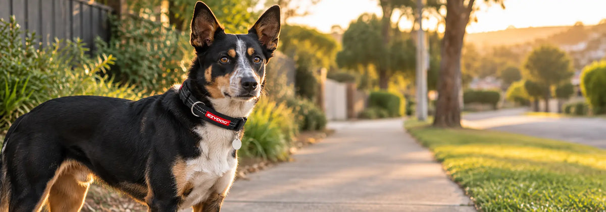 Kelpie wearing an EzyDog collar with an identification tag attached