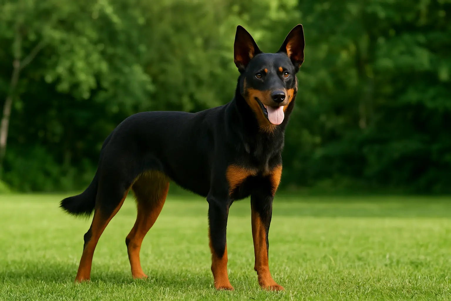 An Australian Kelpie dog with a black and tan coat standing alert on green grass in a sunlit park.