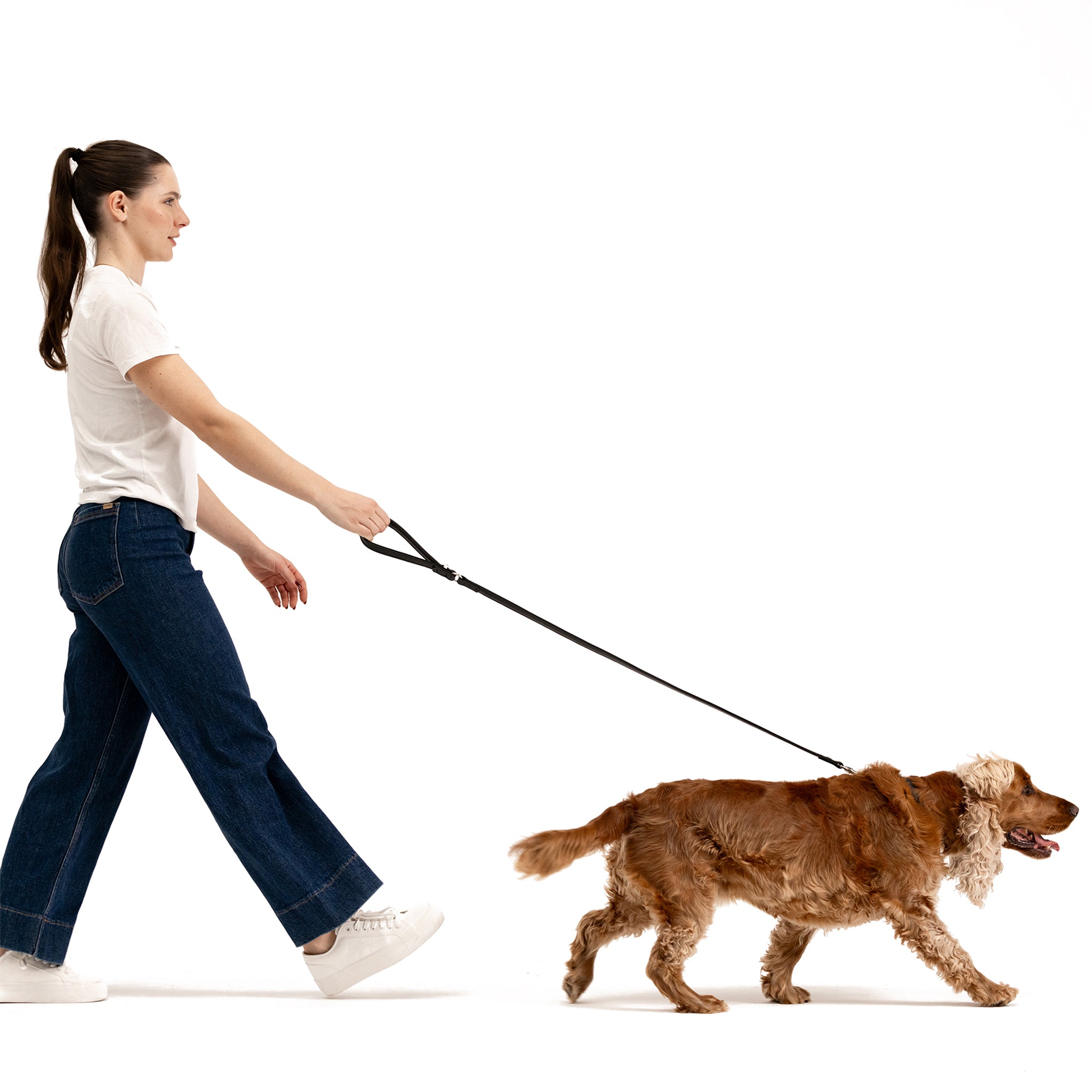 woman walking a dog using Oxford Leather - Classic Leash