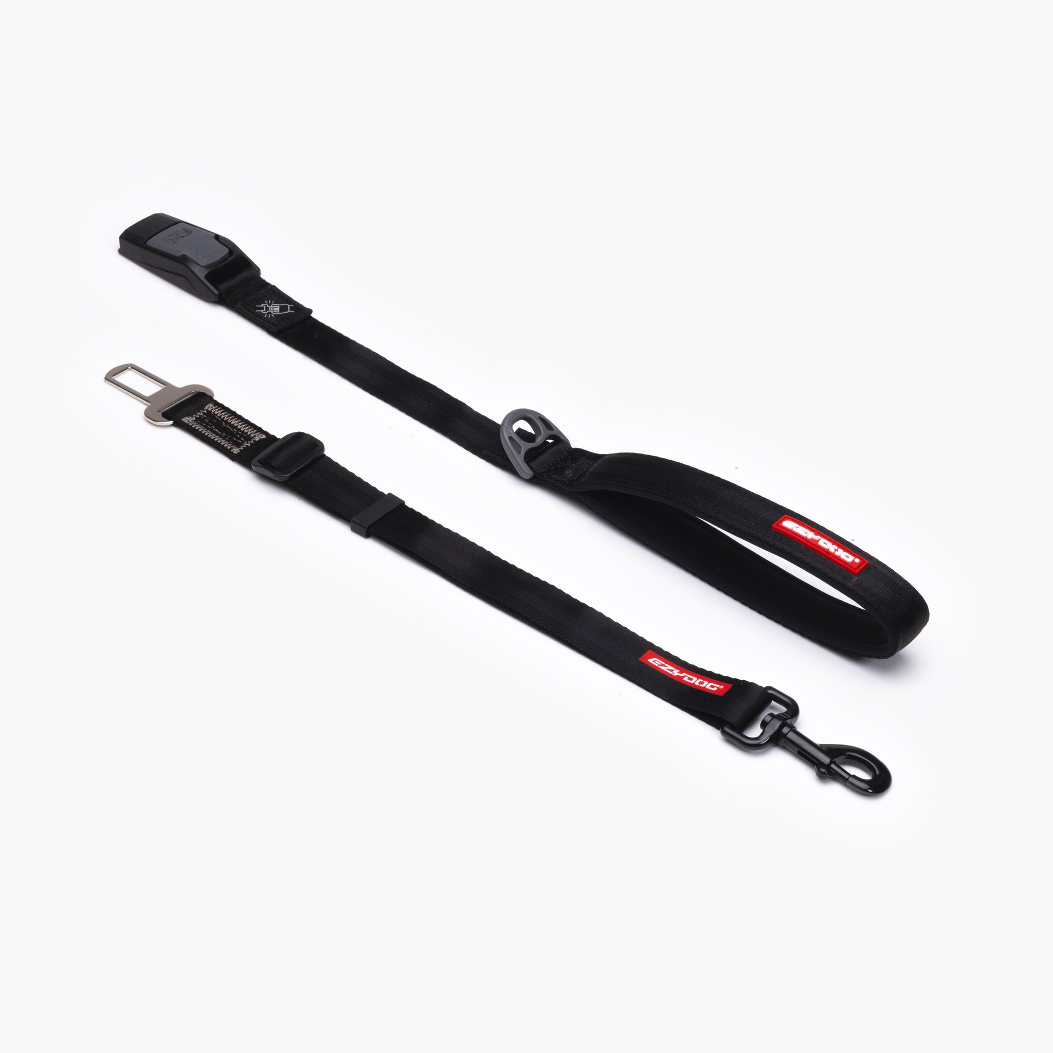 A black 2 in 1 car leash dog seatbelt with a padded neoprene handle and a clip attachment.