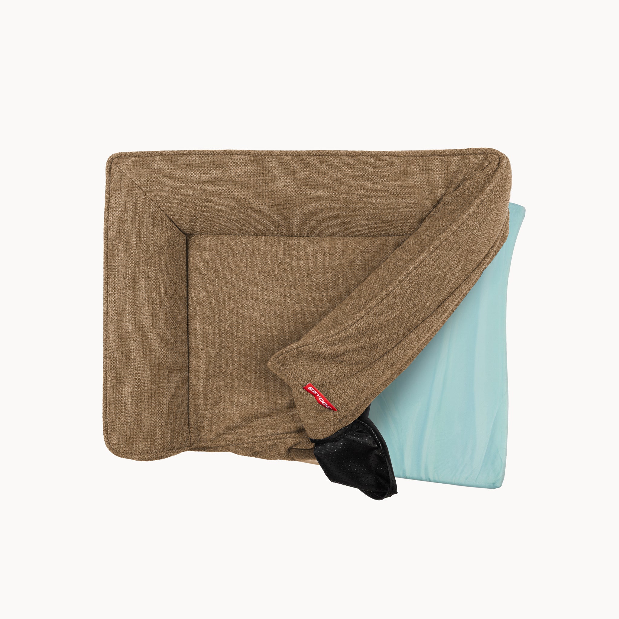 Brown dog bed cover with a red tag on a white background