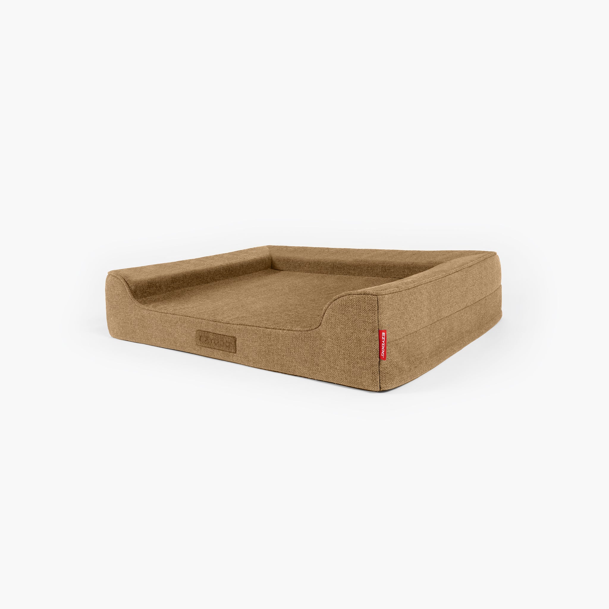 Brown pet bed with a red tag on a white background