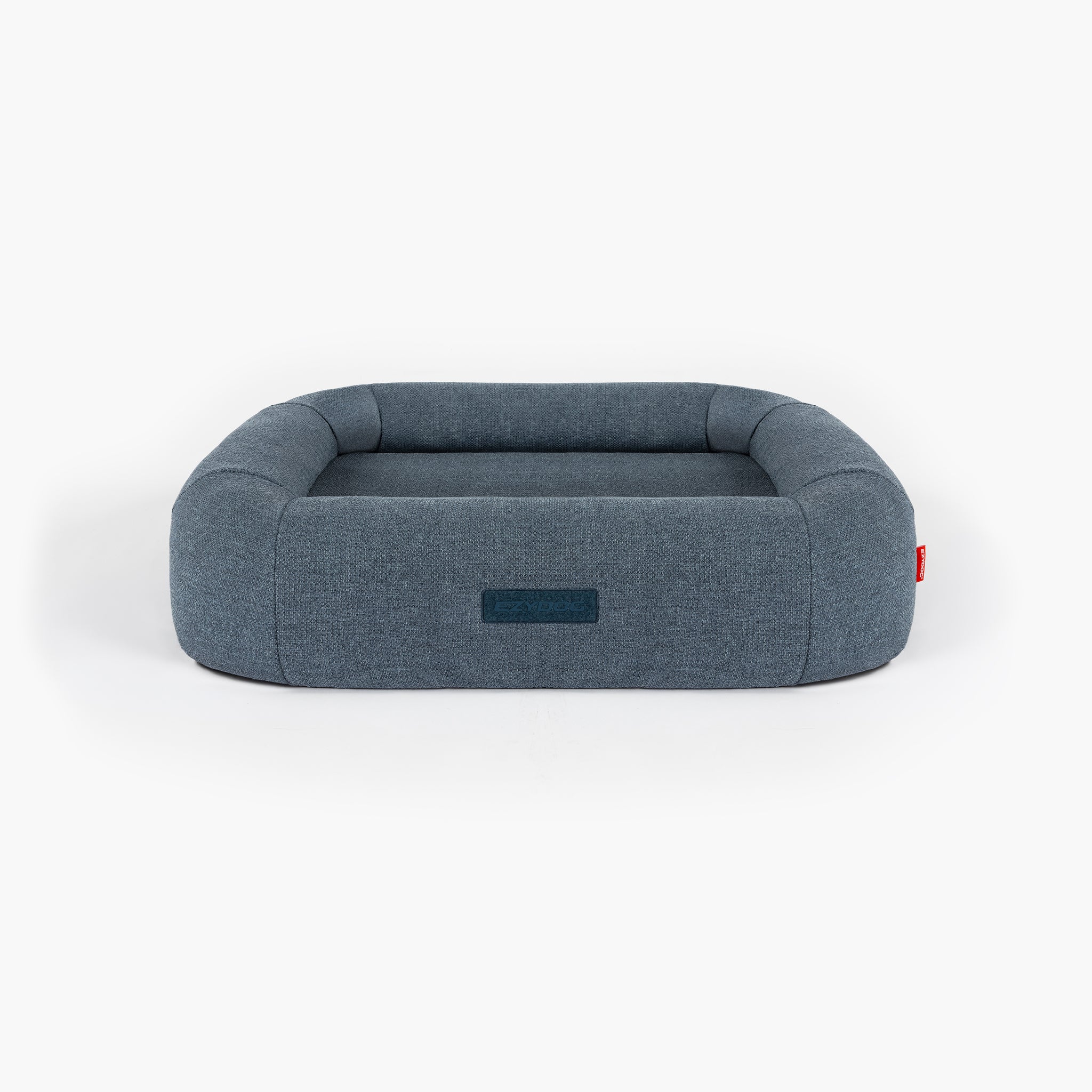 Gray pet bed with a small logo on a white background