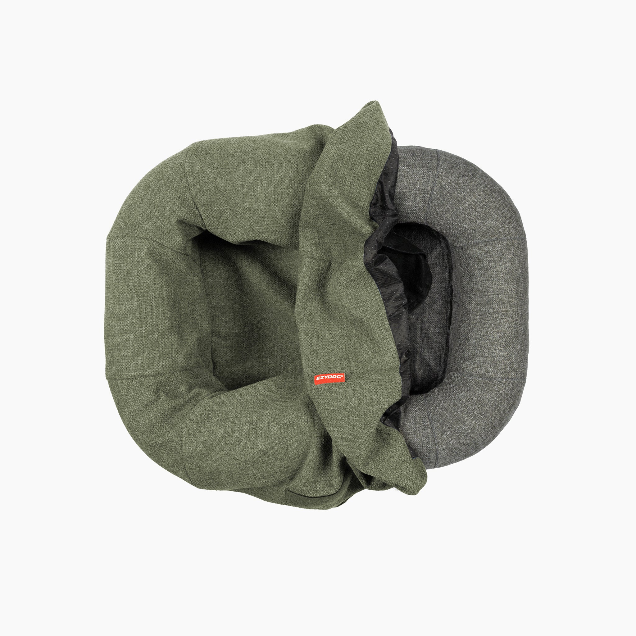 Green dog bed cover with a gray bed