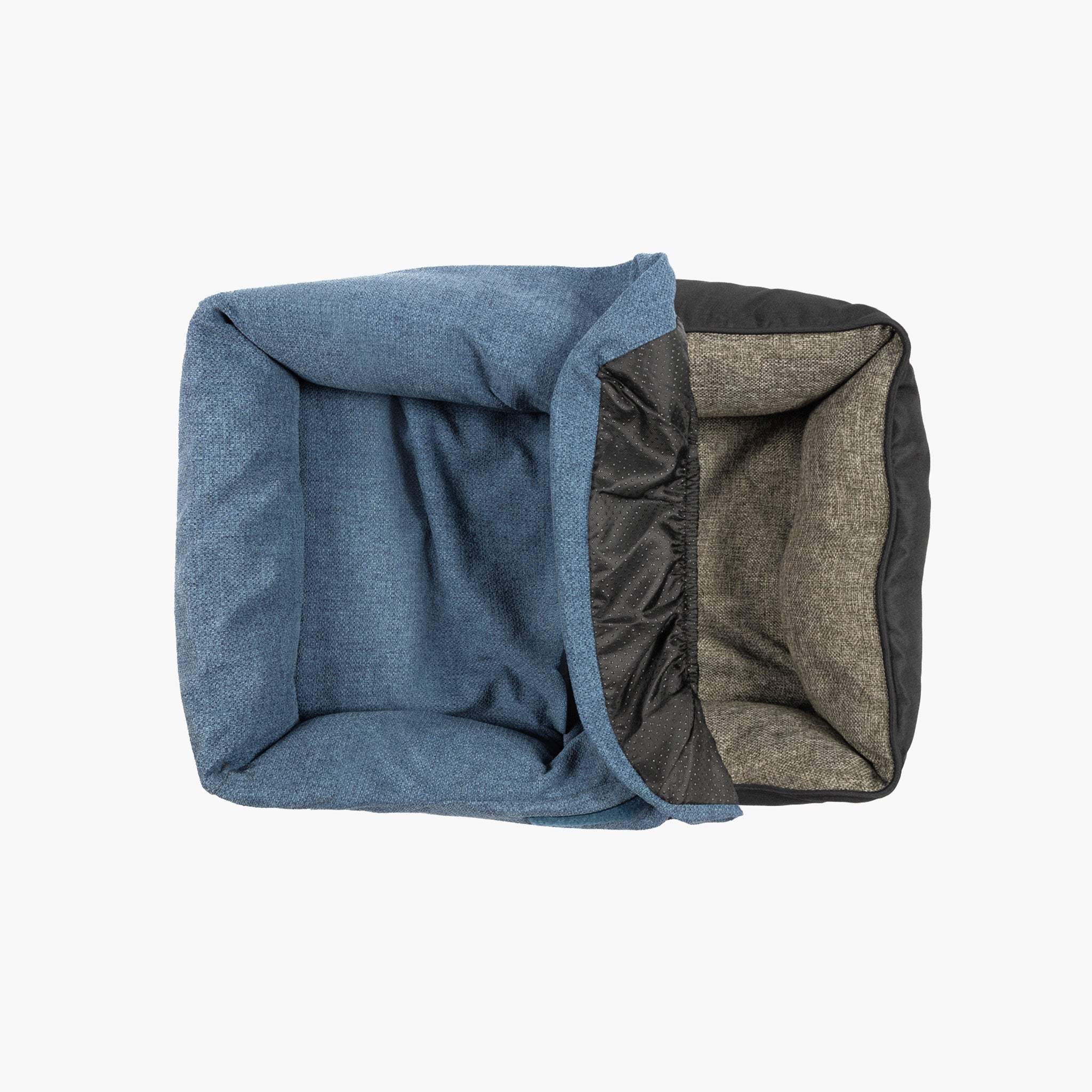 Two fabric samples, one blue and one gray, on a white background.