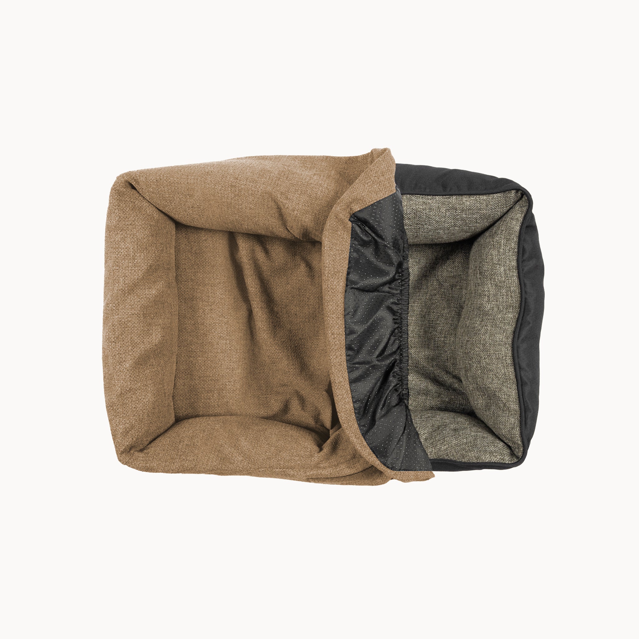Two fabric samples, one brown and one black, on a white background.