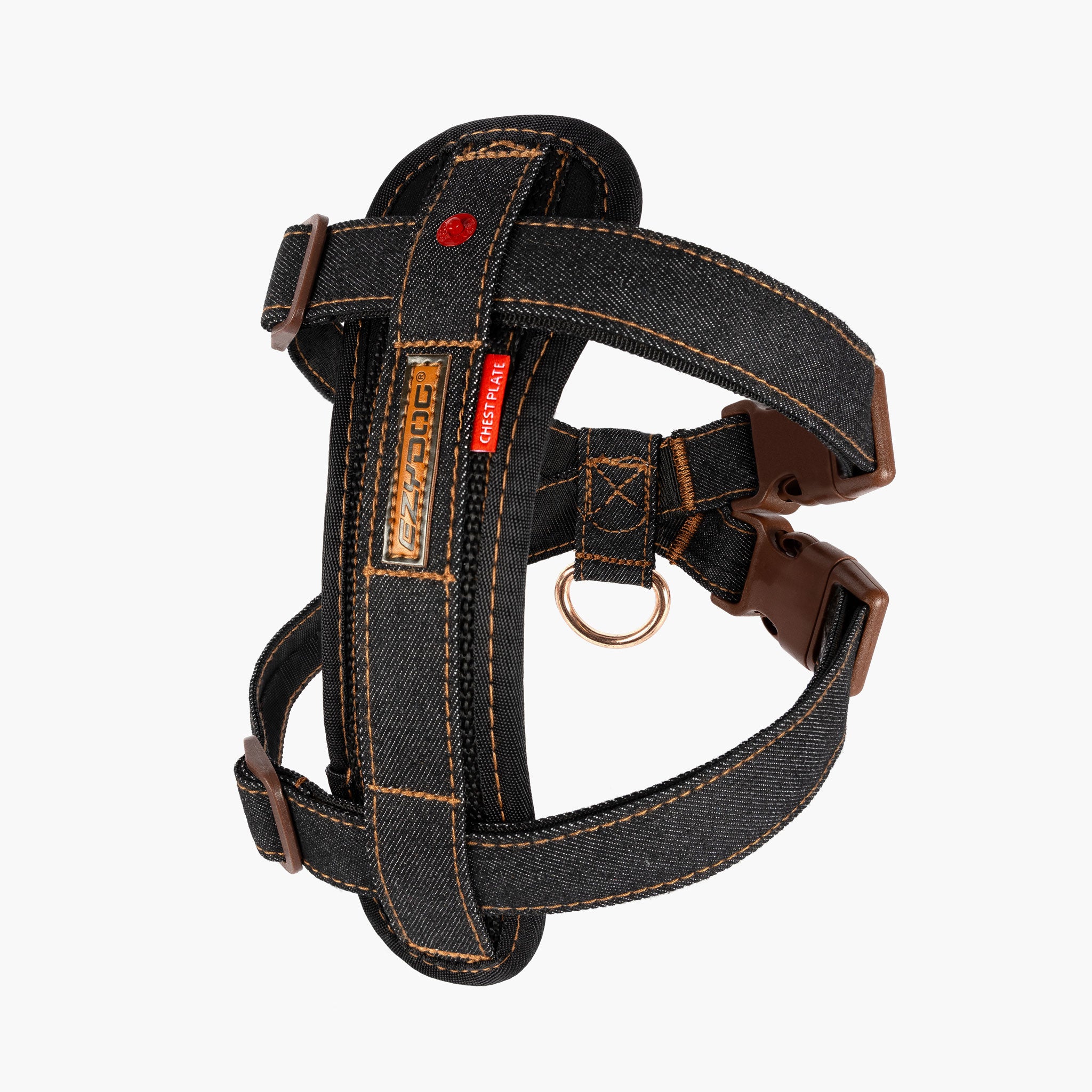 A denim blue dog harness with brown leather accents and metal rings, designed with adjustable straps and a chest plate for secure fitting.