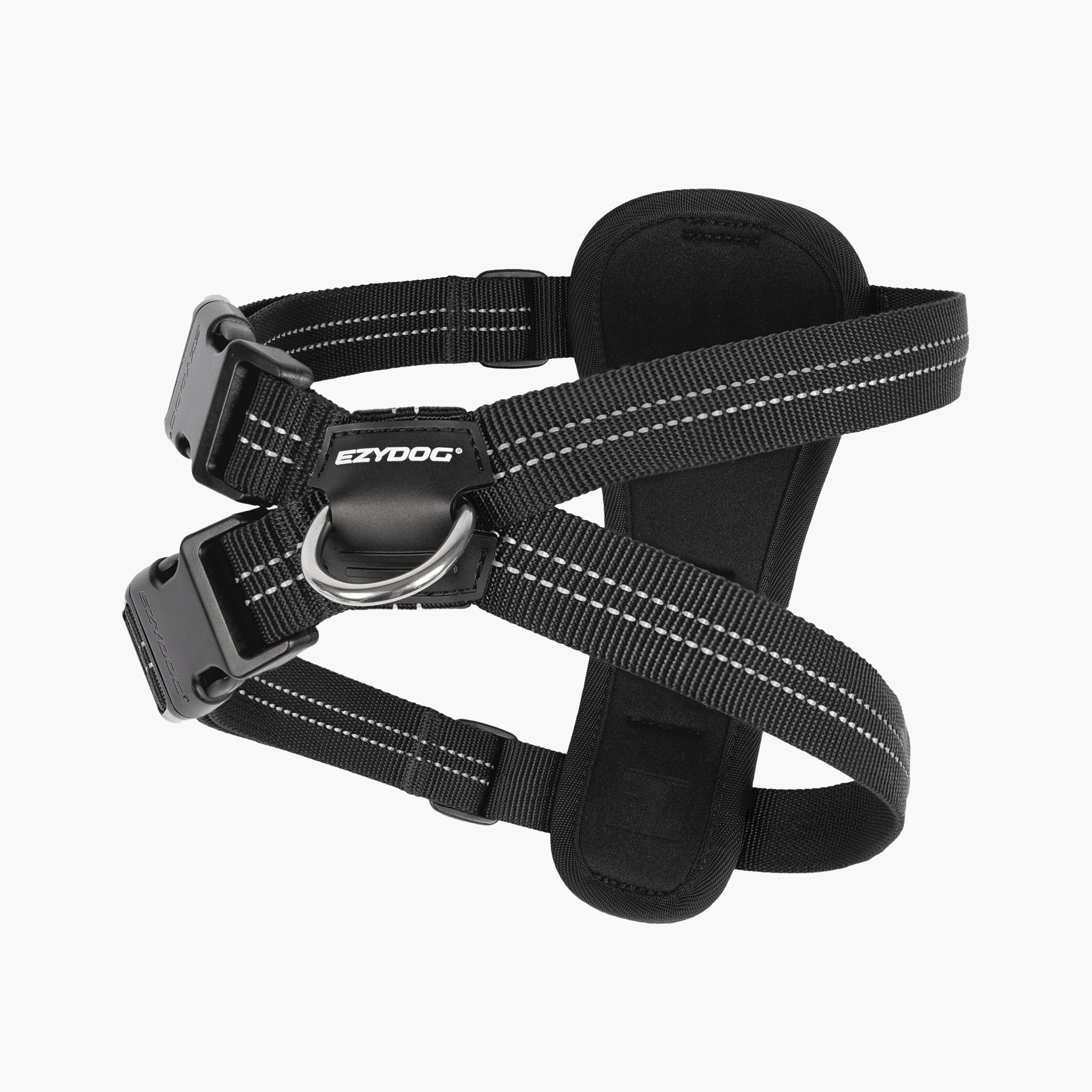 Black chest plate dog harness with reflective stripes