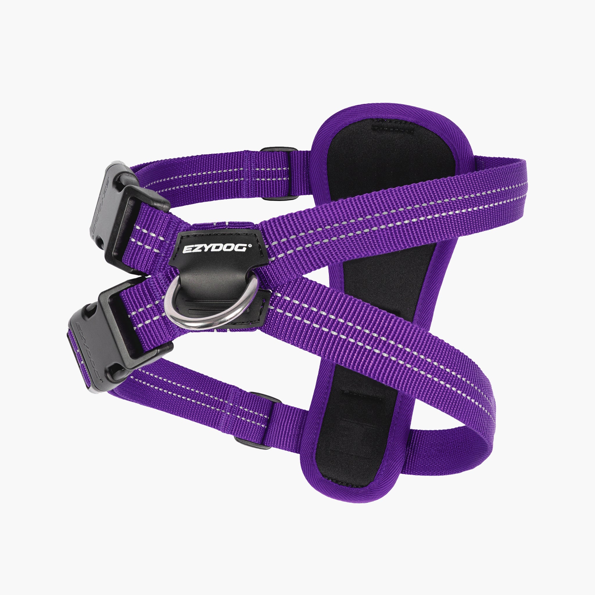 Purple dog harness with EzyDog branding on a white background