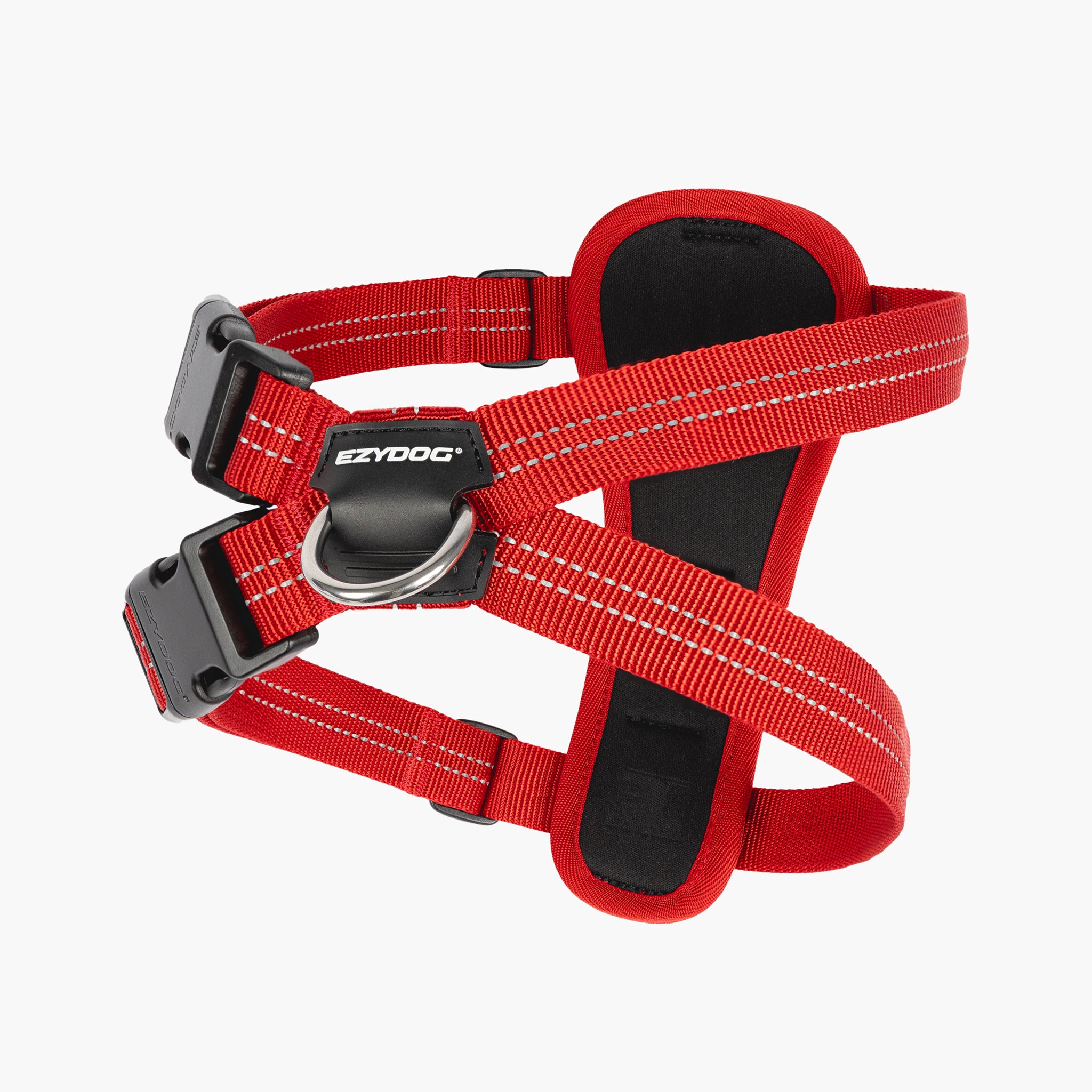 Red Essential Chest Plate Dog Harness with black padding on a white background