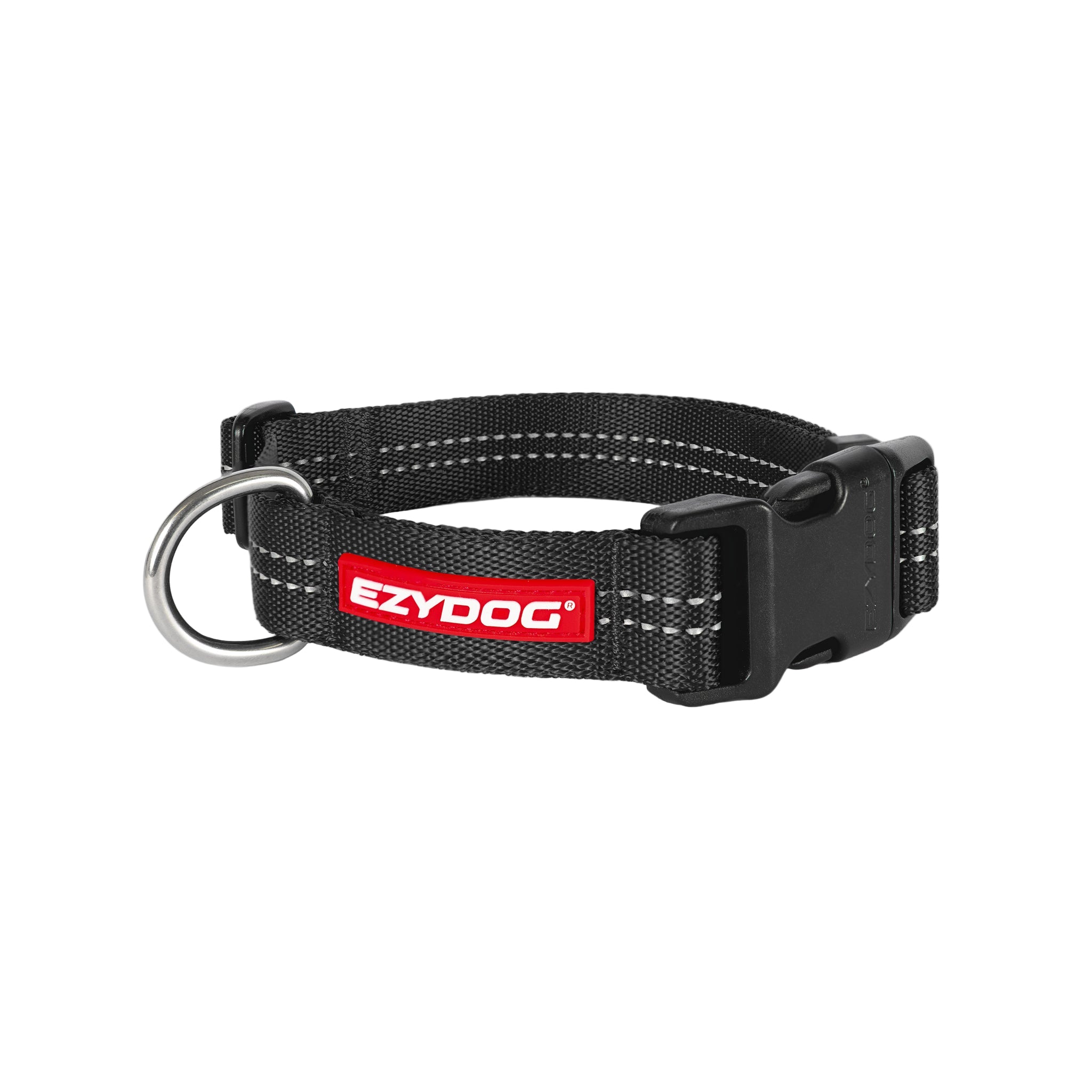 Black dog collar with EzyDog logo on a white background
