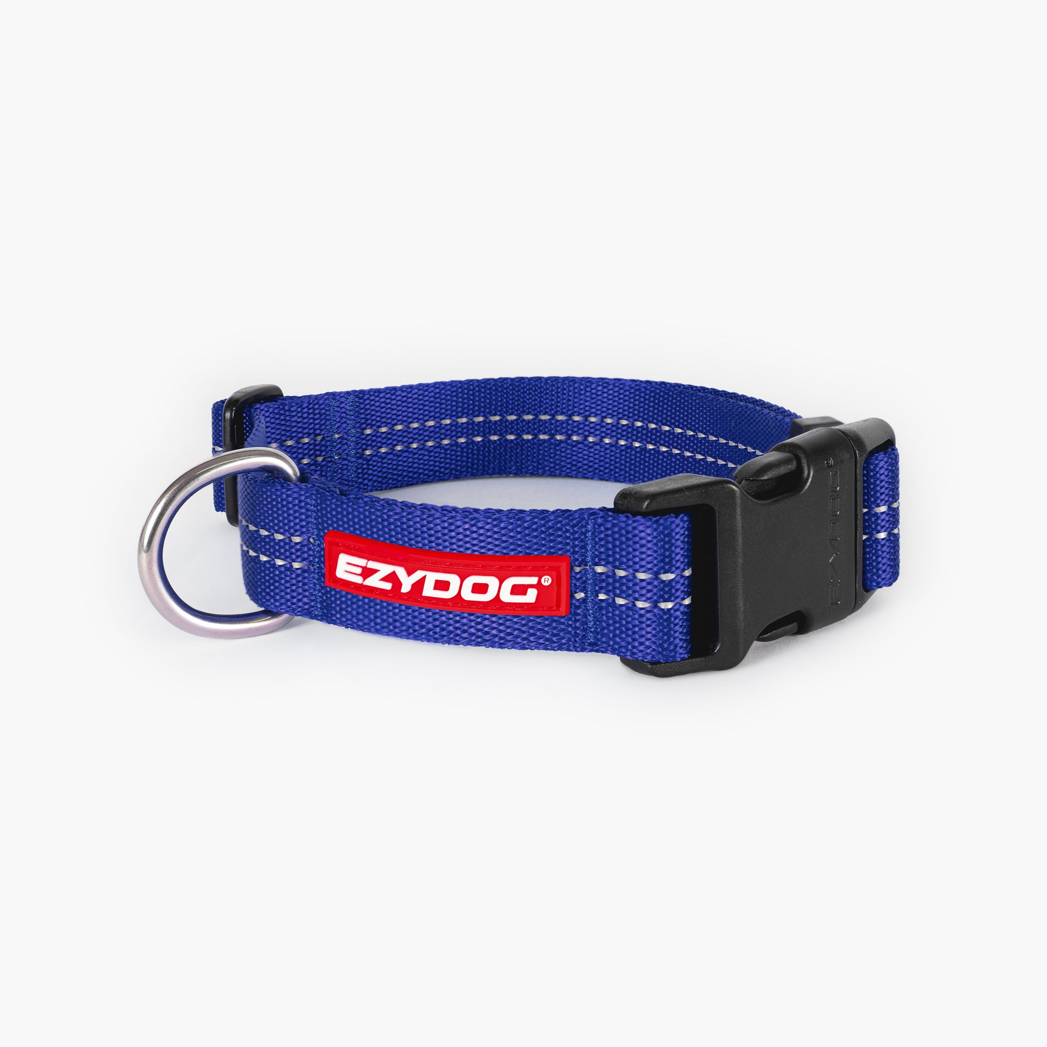 Blue dog collar with EzyDog logo on a white background