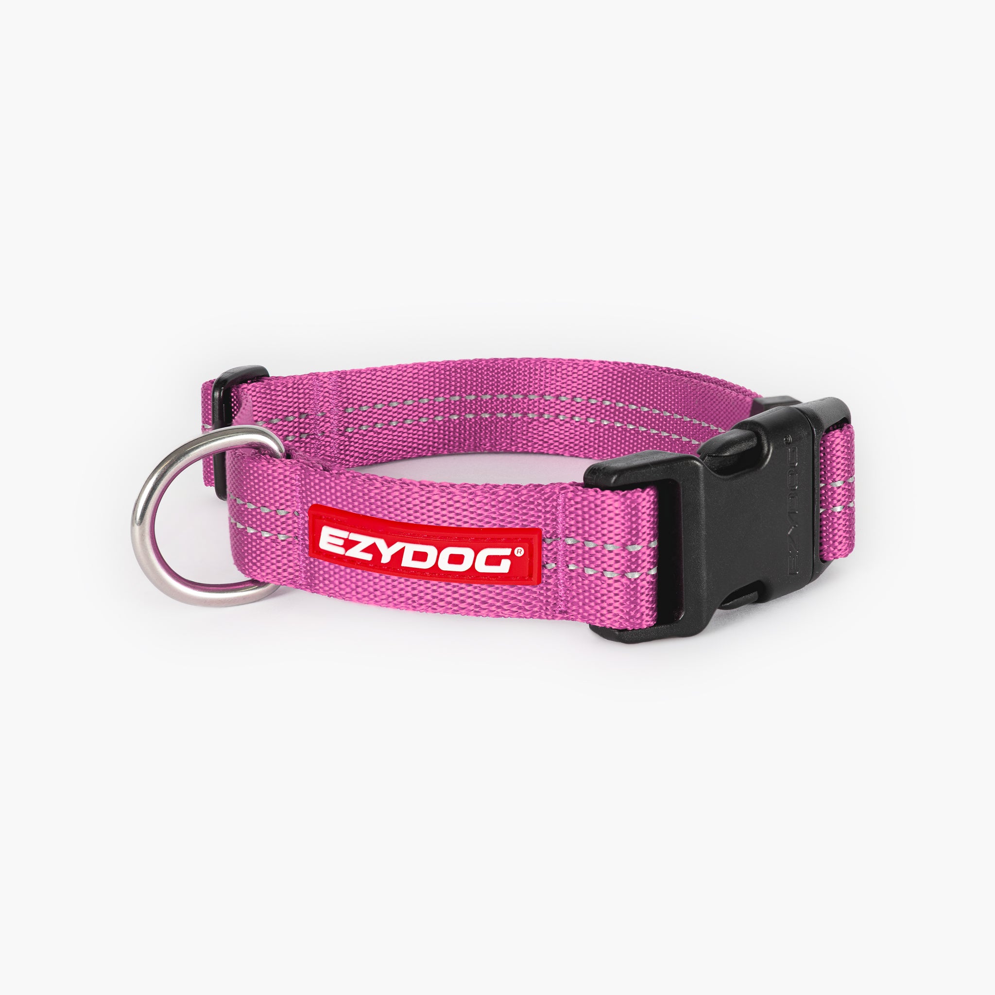 Pink dog collar with EzyDog logo on a white background