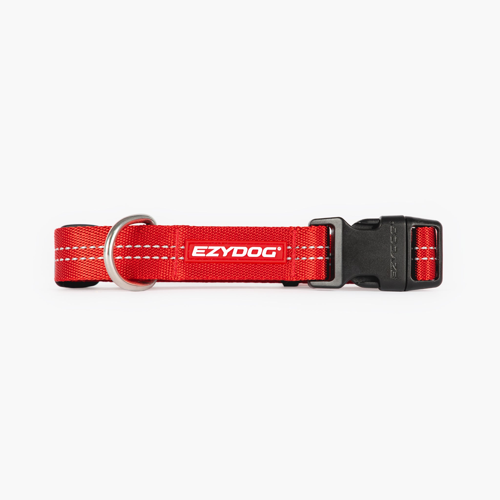 Red dog collar with EzyDog branding on a white background