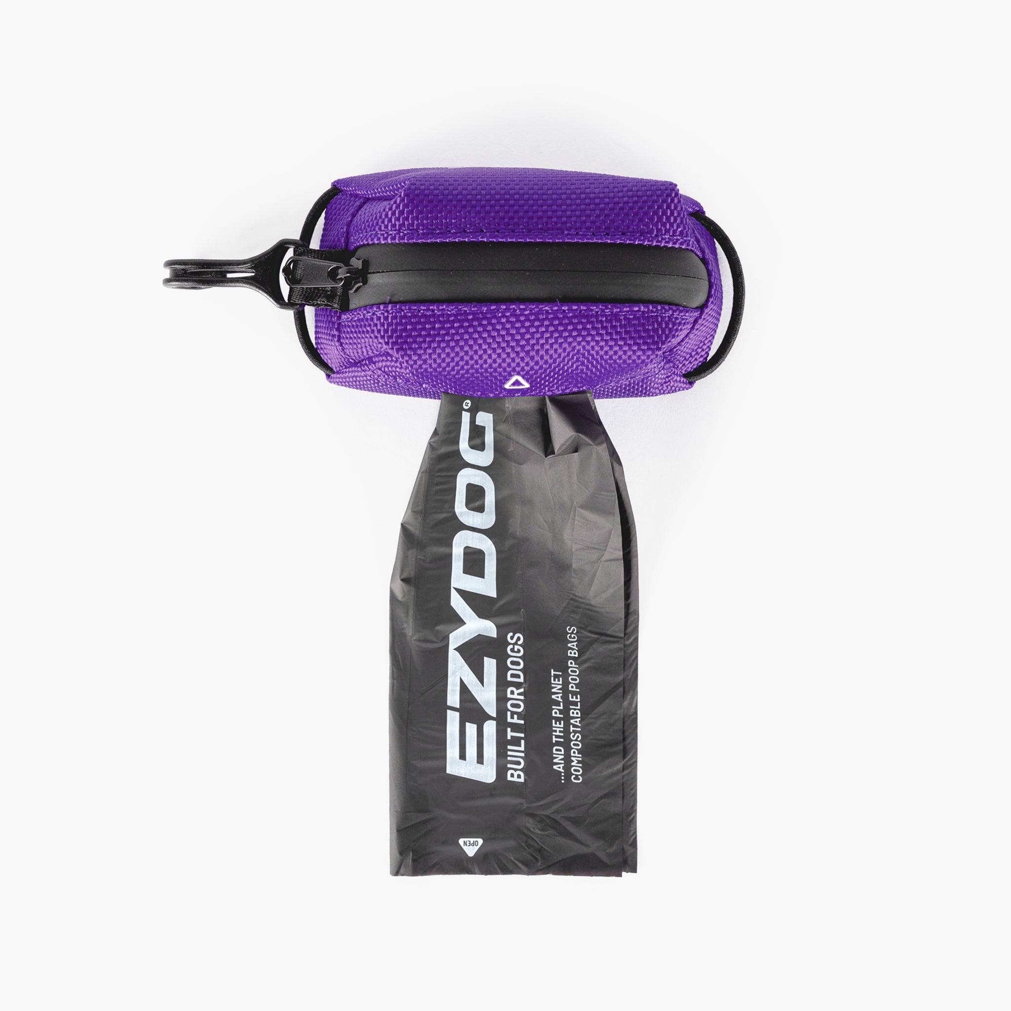 Purple Essential Dog Poop Bag Holder with black zipper on a white background