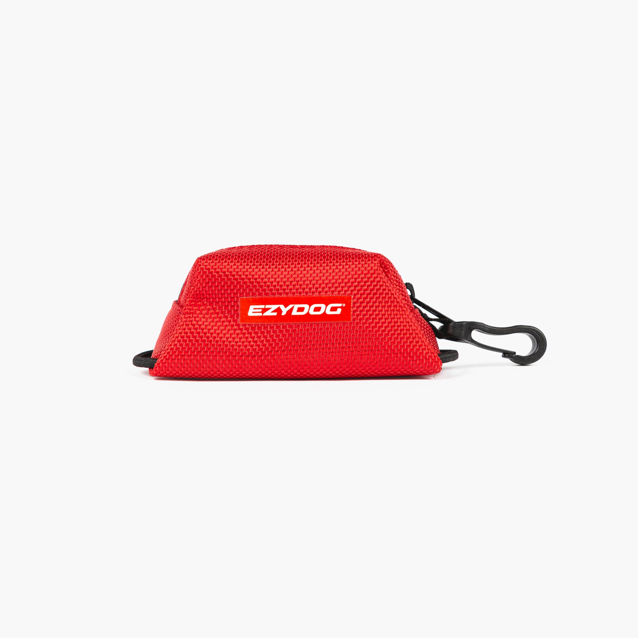 Red Essential Poop Bag Holder with EzyDog logo on a white background
