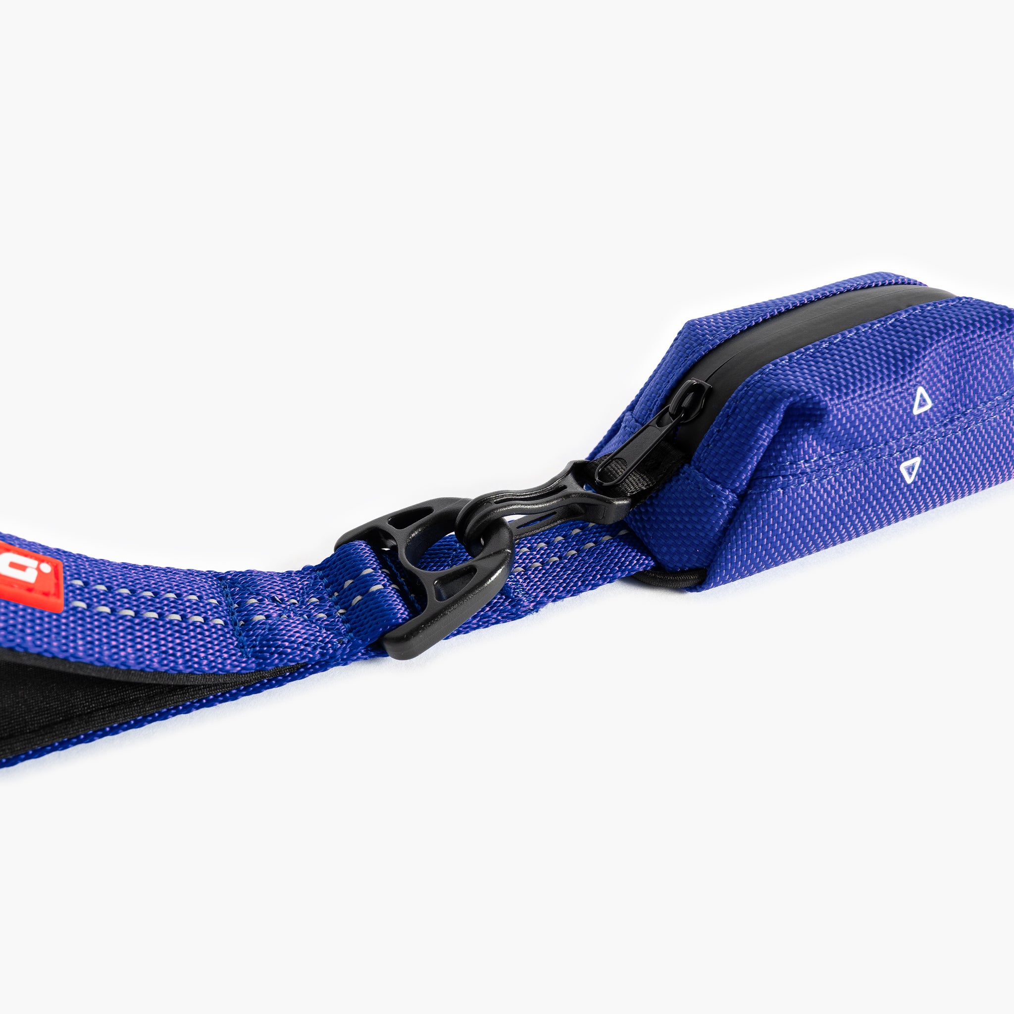 Blue Essential Dog Poop Bag Holder  with a black clip on a white background