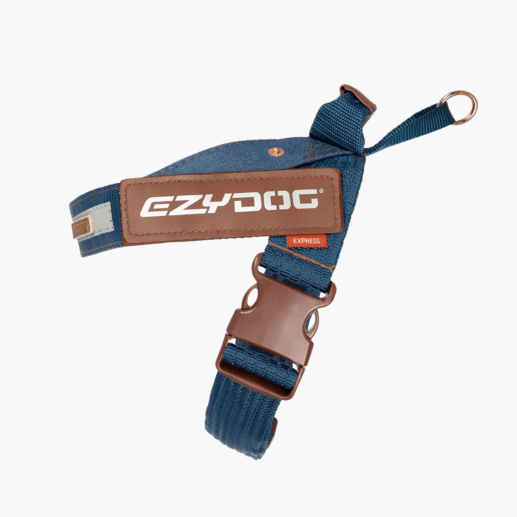 Blue Denim dog leash with brown buckle and EzyDog logo on a white background
