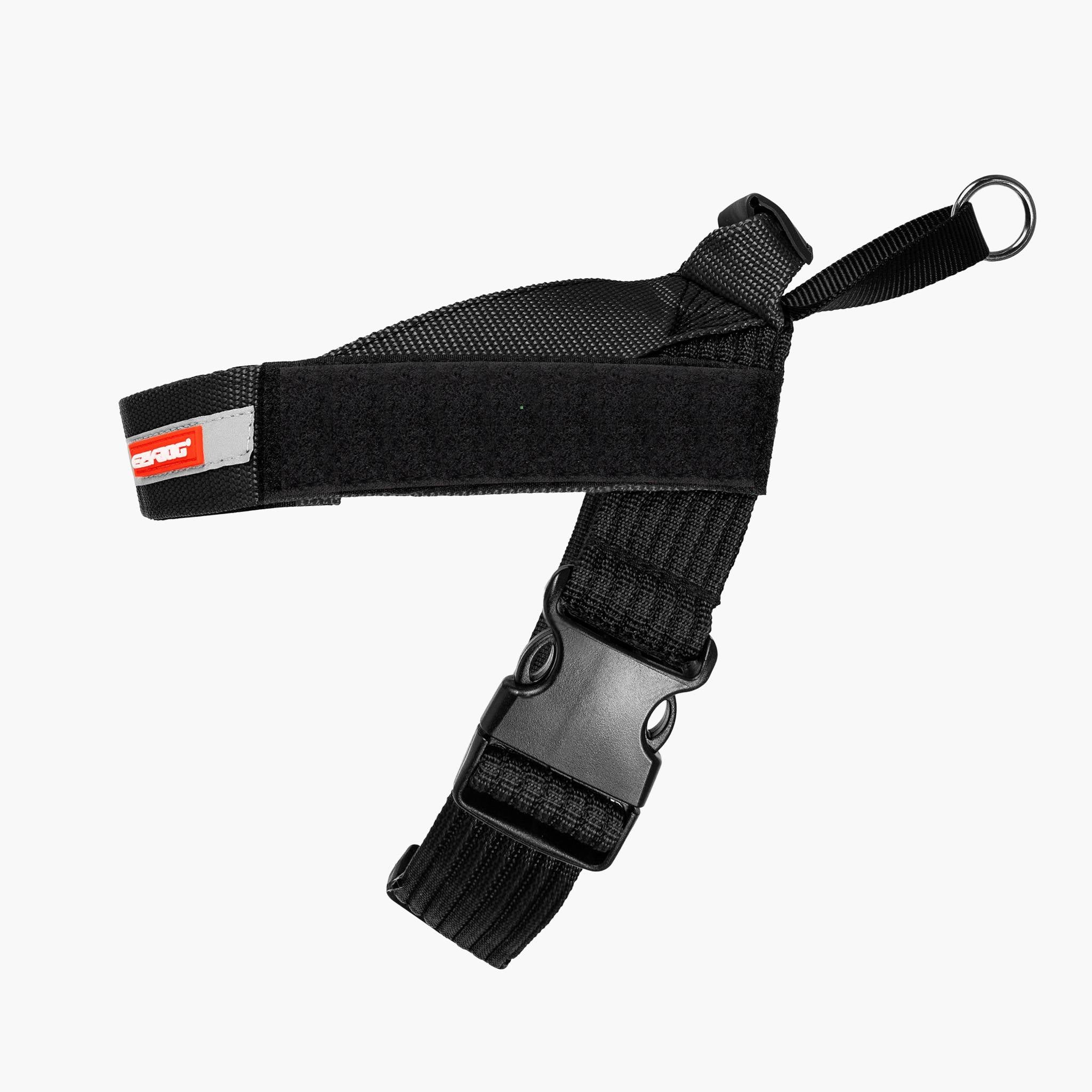 black dog harness with adjustable straps and EzyDog logo.