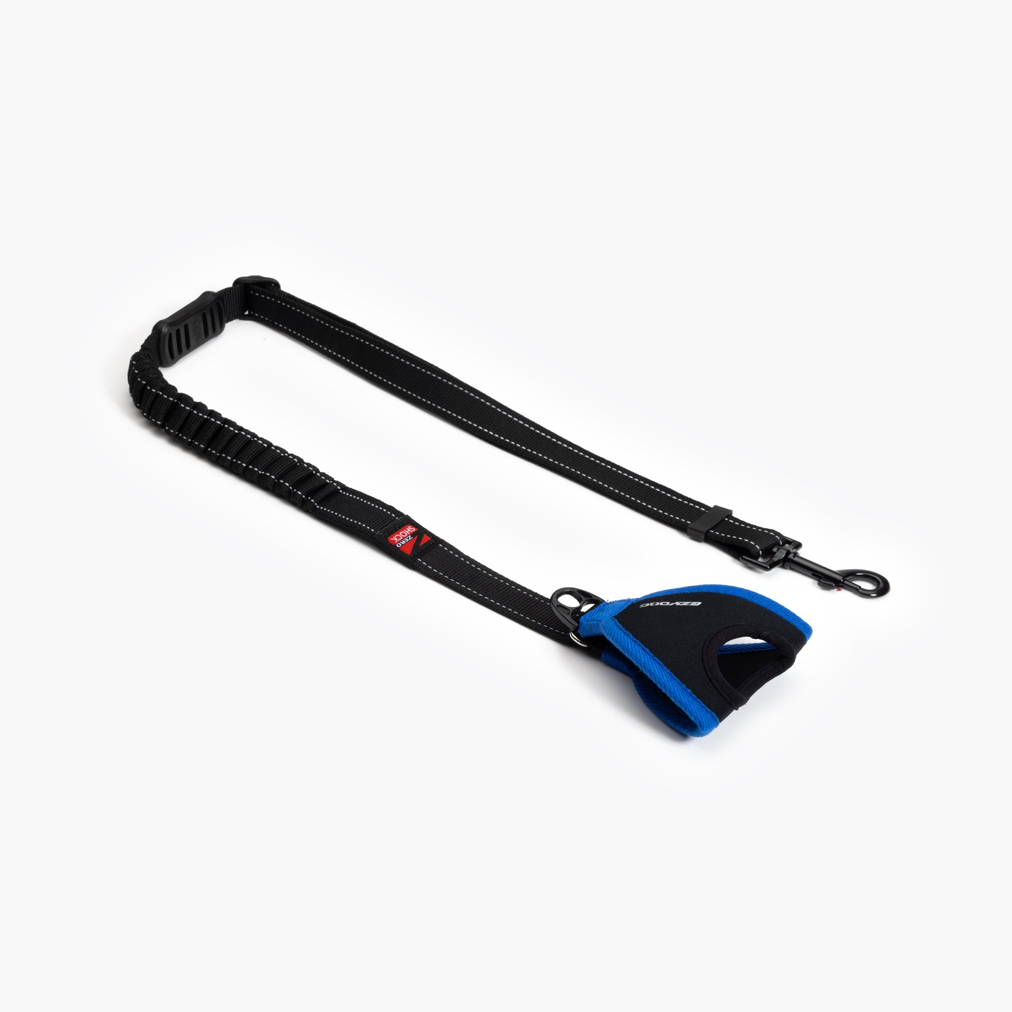 An EzyDog Handy Leash with a black body and blue accents, featuring a soft neoprene handle, reflective trim, and a shock-absorbing section.