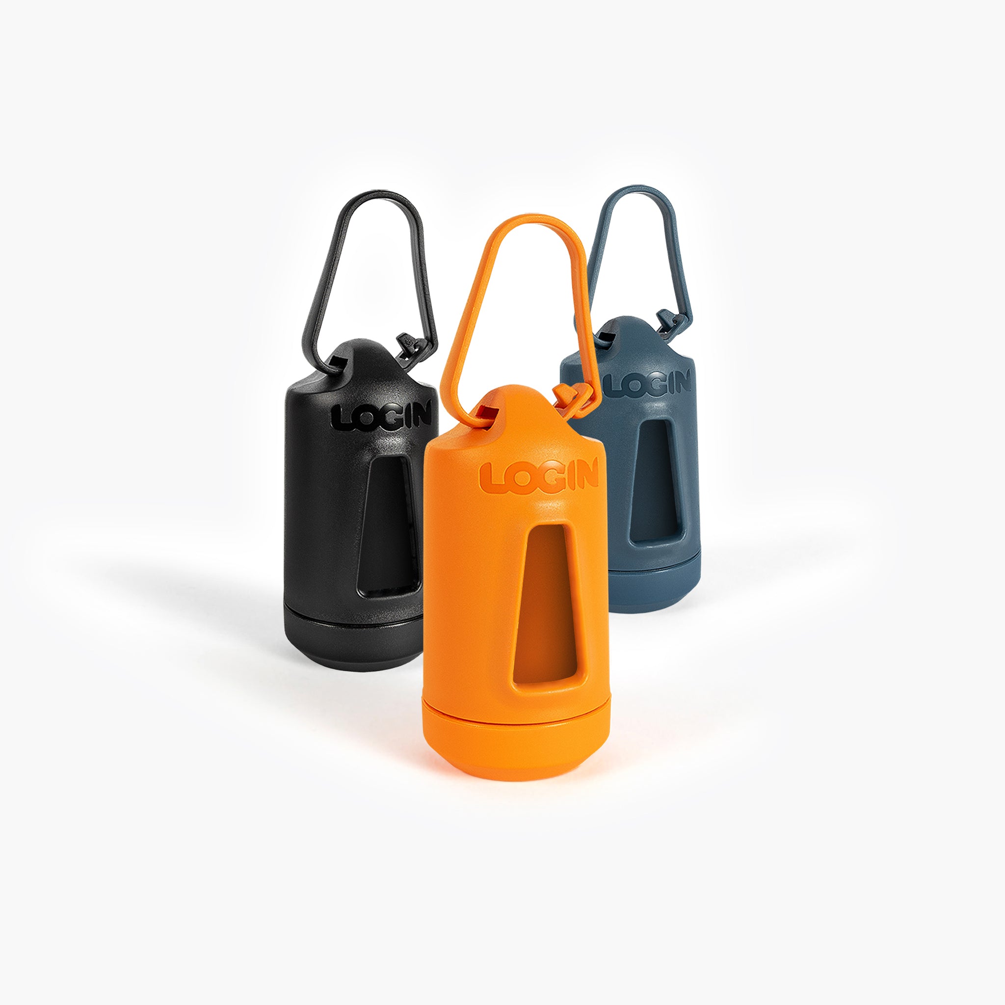 Three LOGIN Biohybrid Poop Bag Holders in orange, black, and blue colors