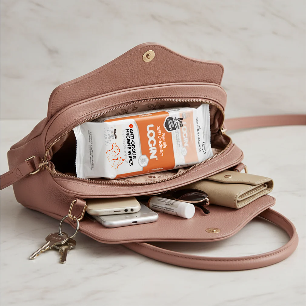 Pink handbag with items including a phone, wallet, and skincare products on a light wooden surface.