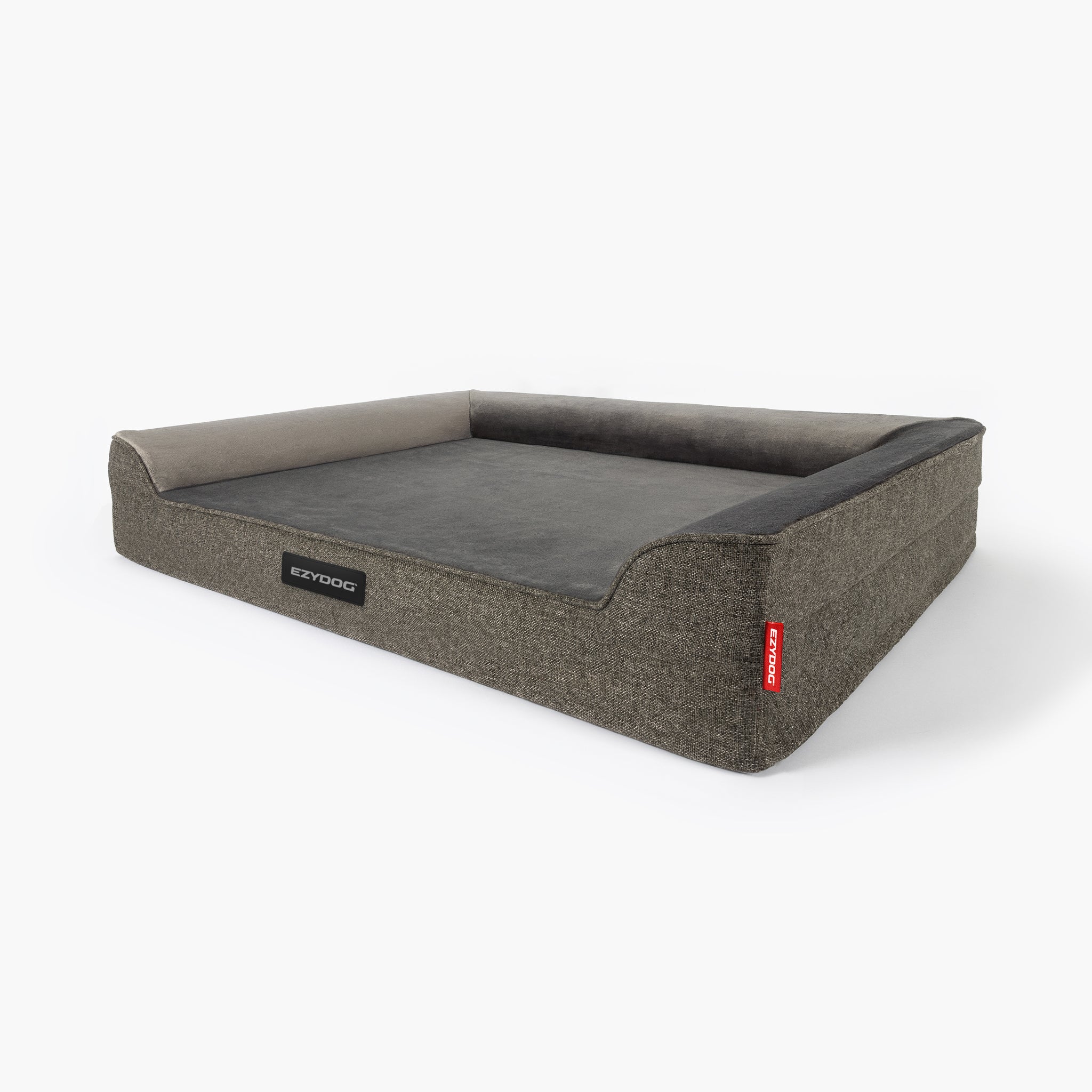 Gray pet bed with a red tag on a white background