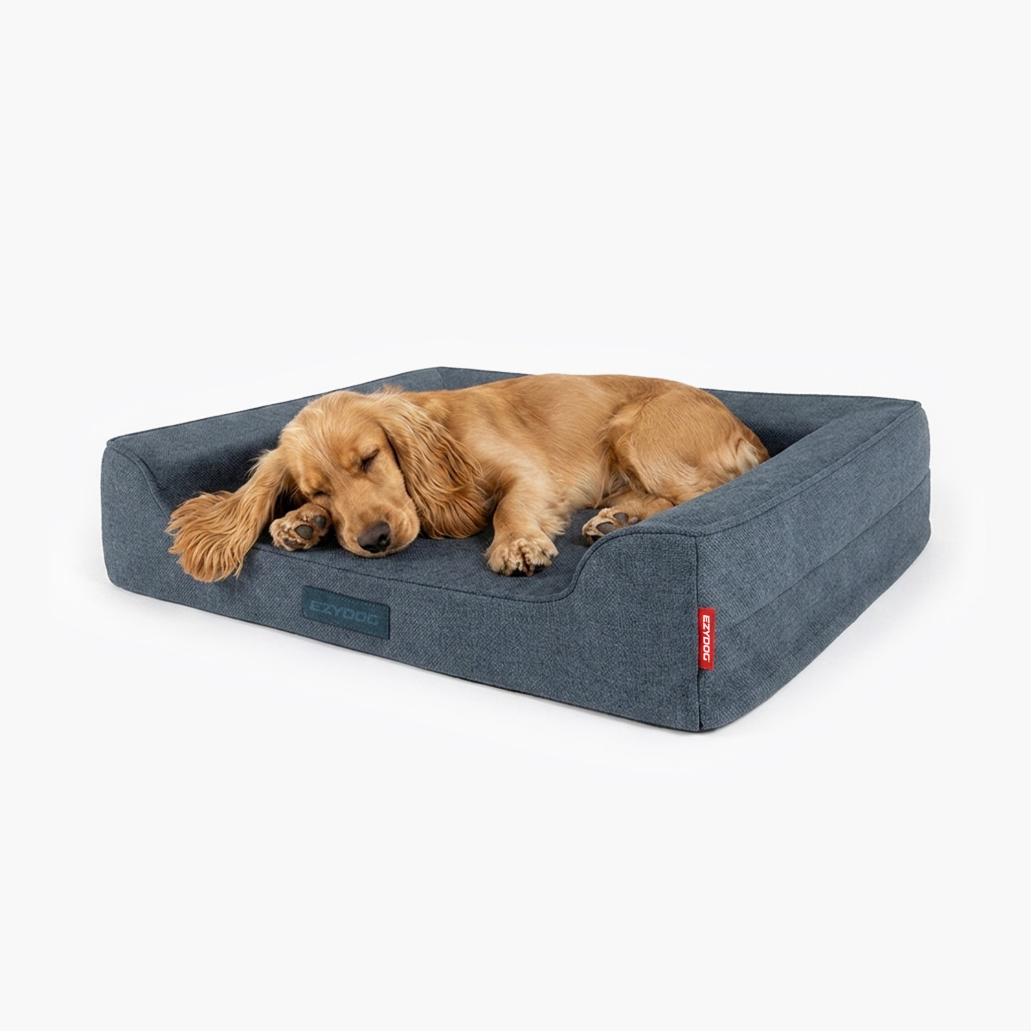 Dog lying on a gray pet bed with a visible brand logo on a white background