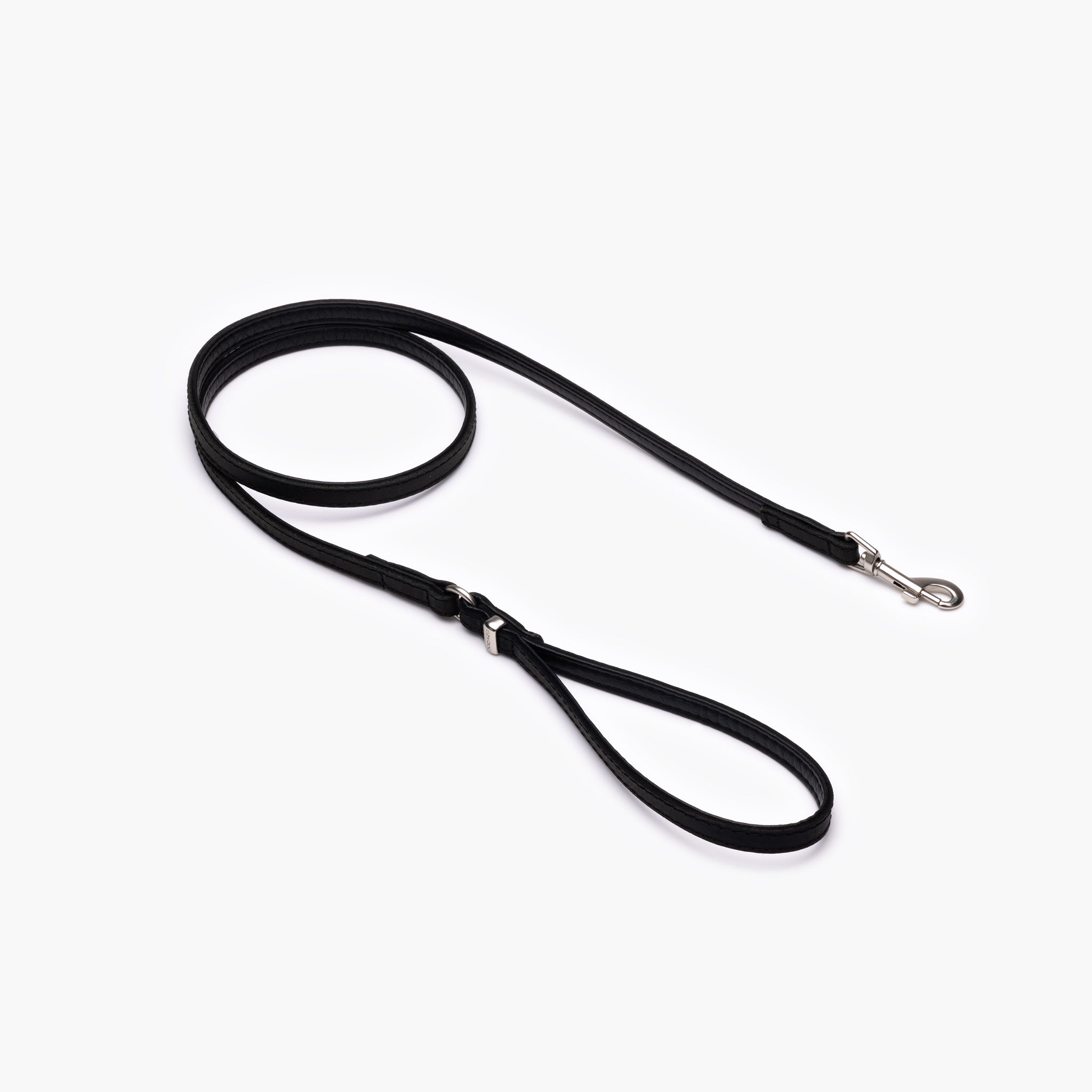 A black full-grain leather dog leash with brushed metal hardware, displayed on a white background.