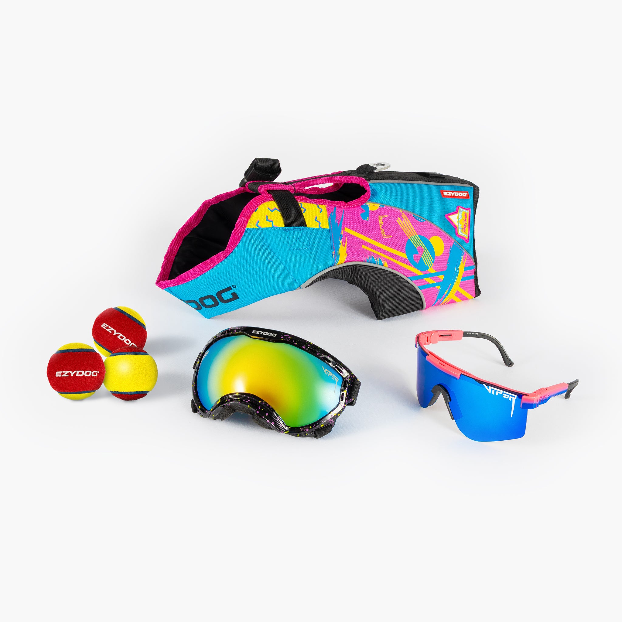 Pit Viper x EzyDog Limited Edition collection bag, goggles, and balls