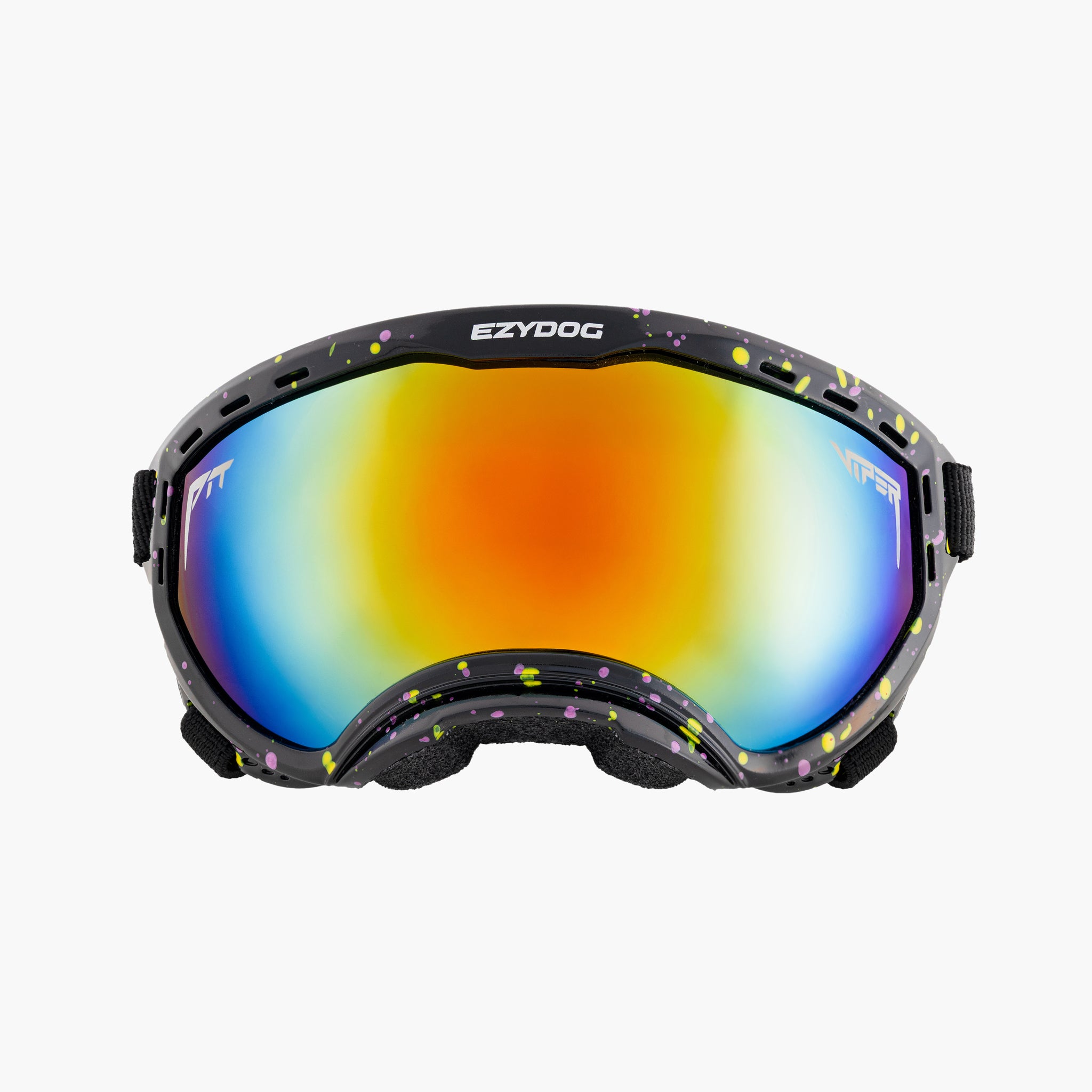 Multicolored dog swimming goggles with 'Pit Viper x EzyDog' branding