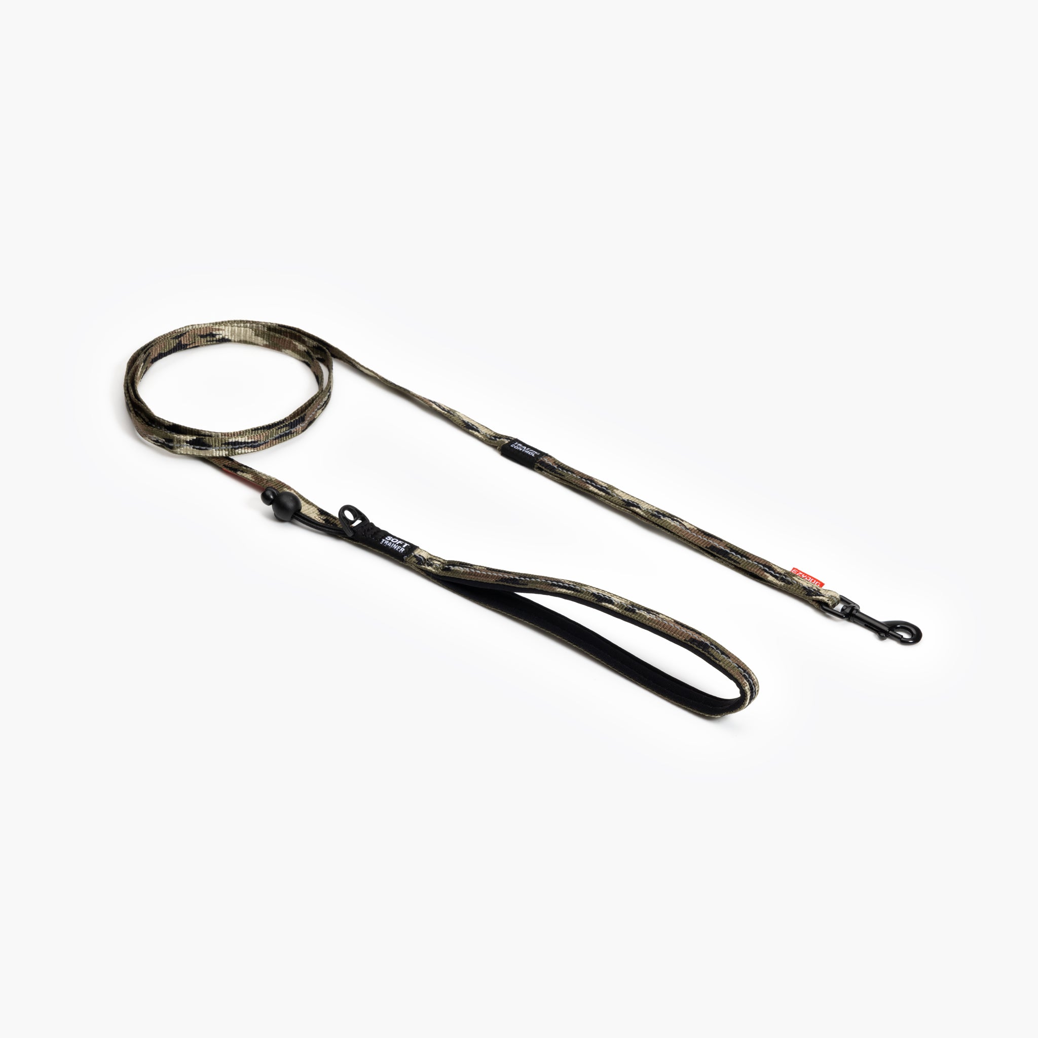 A camo-patterned EzyDog Soft Trainer Leash LITE for small dogs, featuring a comfortable handle, reflective trim, and a barrel lock.