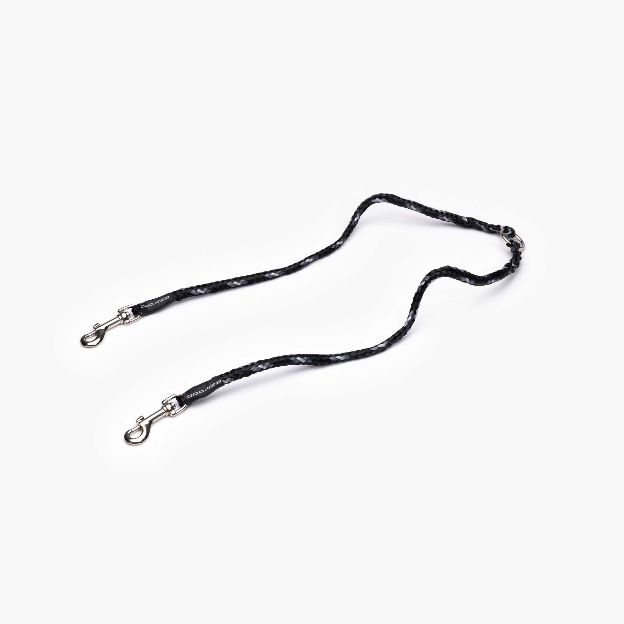 A black EzyDog Coupler LITE for walking two small dogs on one leash, featuring reflective strands.