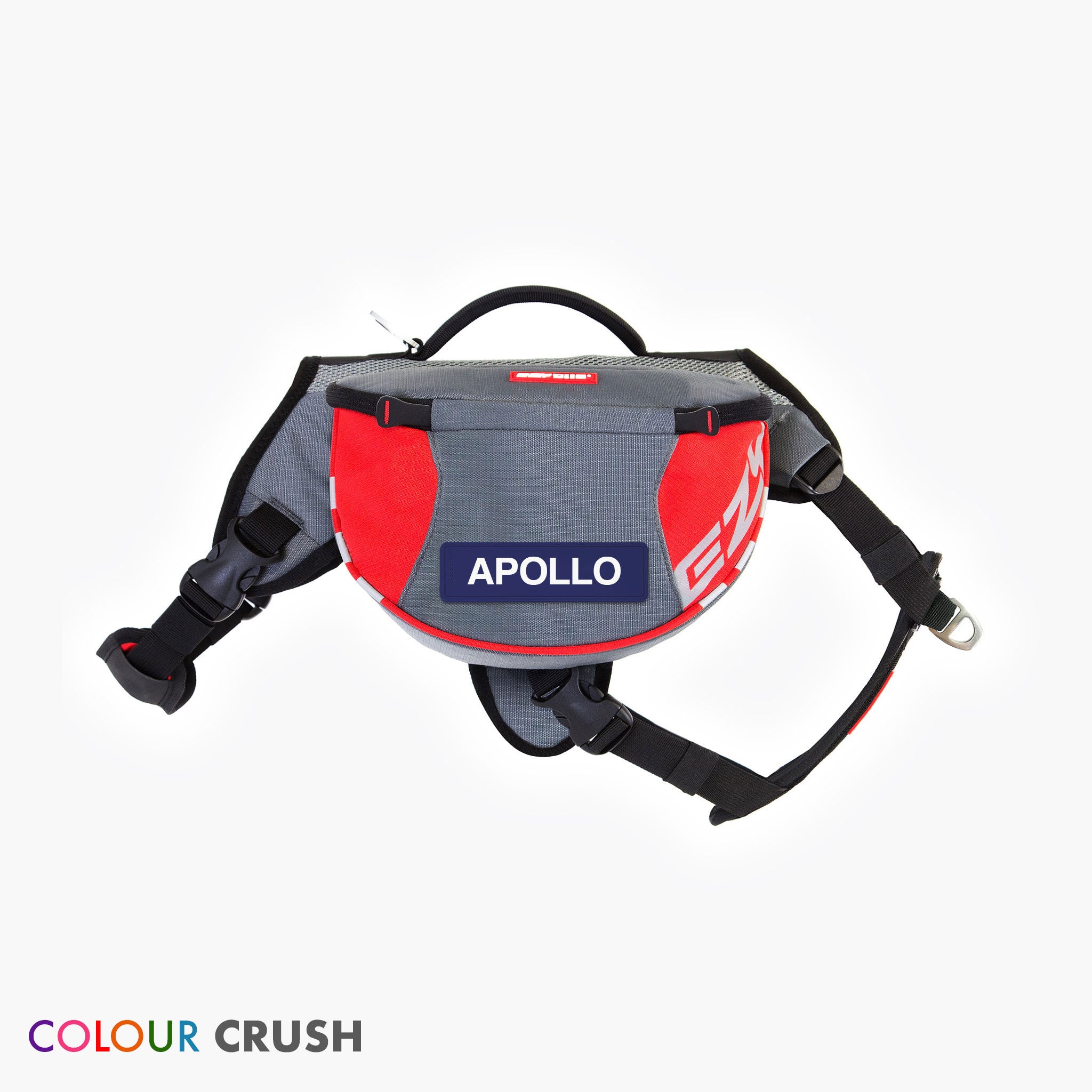 A red and gray EzyDog Summit Backpack for dogs with a label 'APOLLO' on the front.