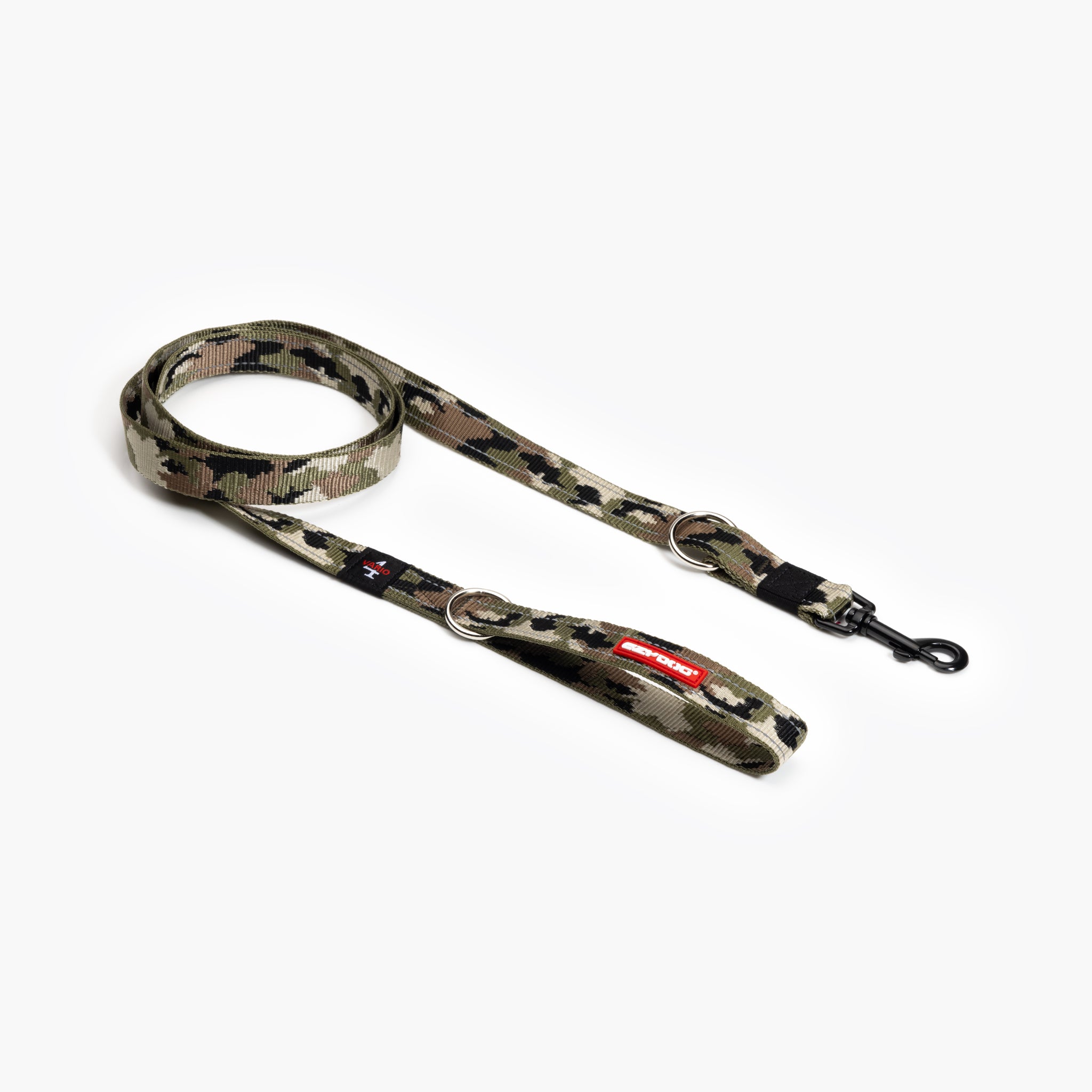 A camo patterned multi-function dog leash laid out on a white surface, featuring adjustable lengths and various attachment points.