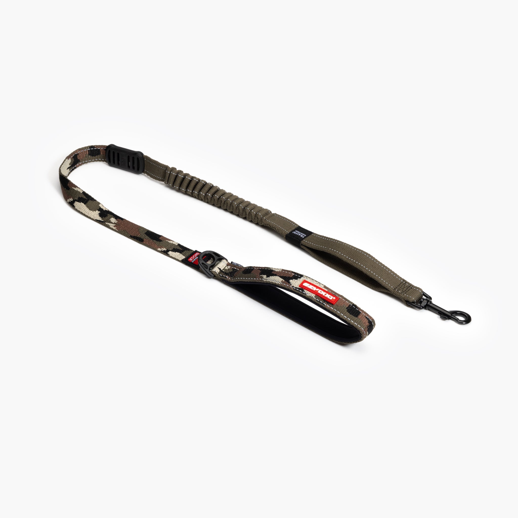 A camo-patterned dog leash with a shock absorption system, reflective trim, and neoprene handle.