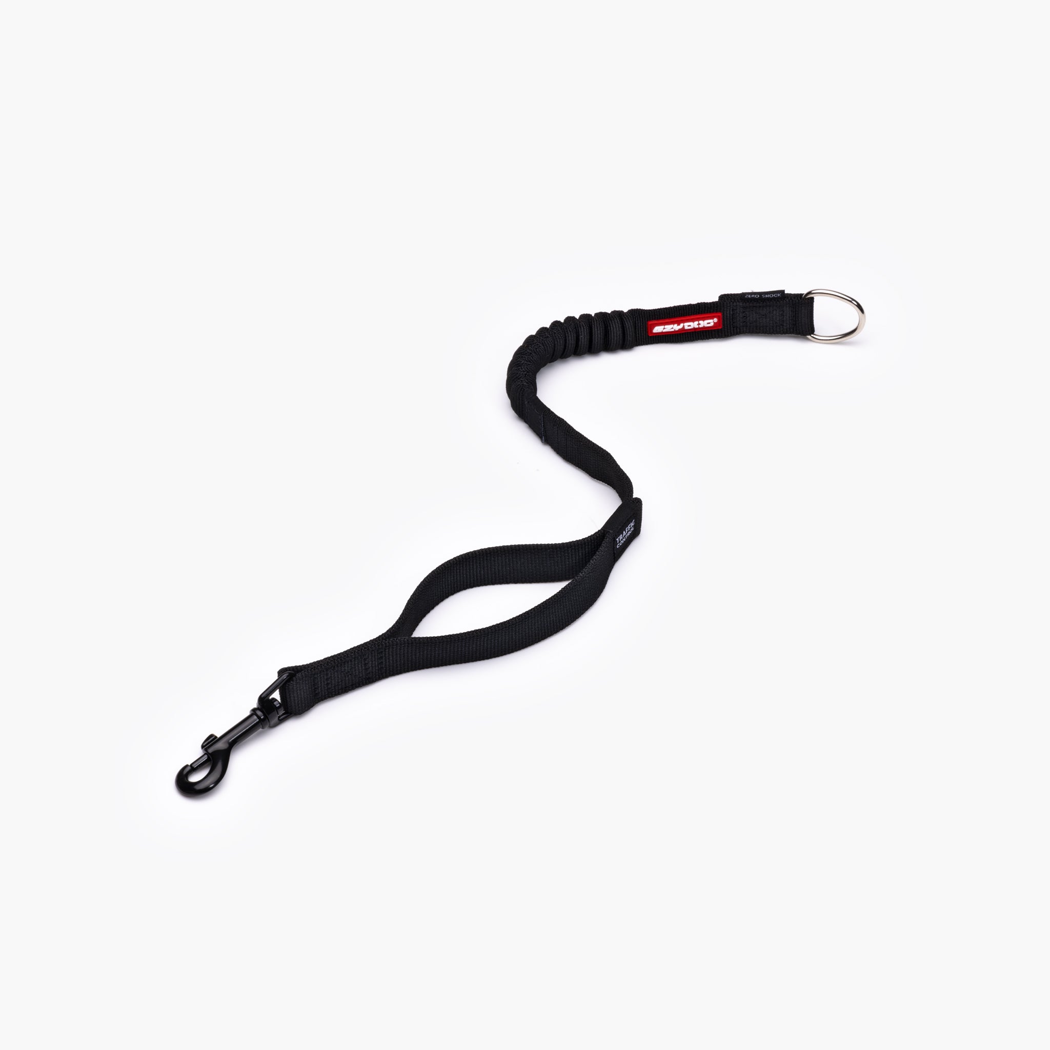 A black dog leash extension with a shock-absorbing section and a traffic control handle.