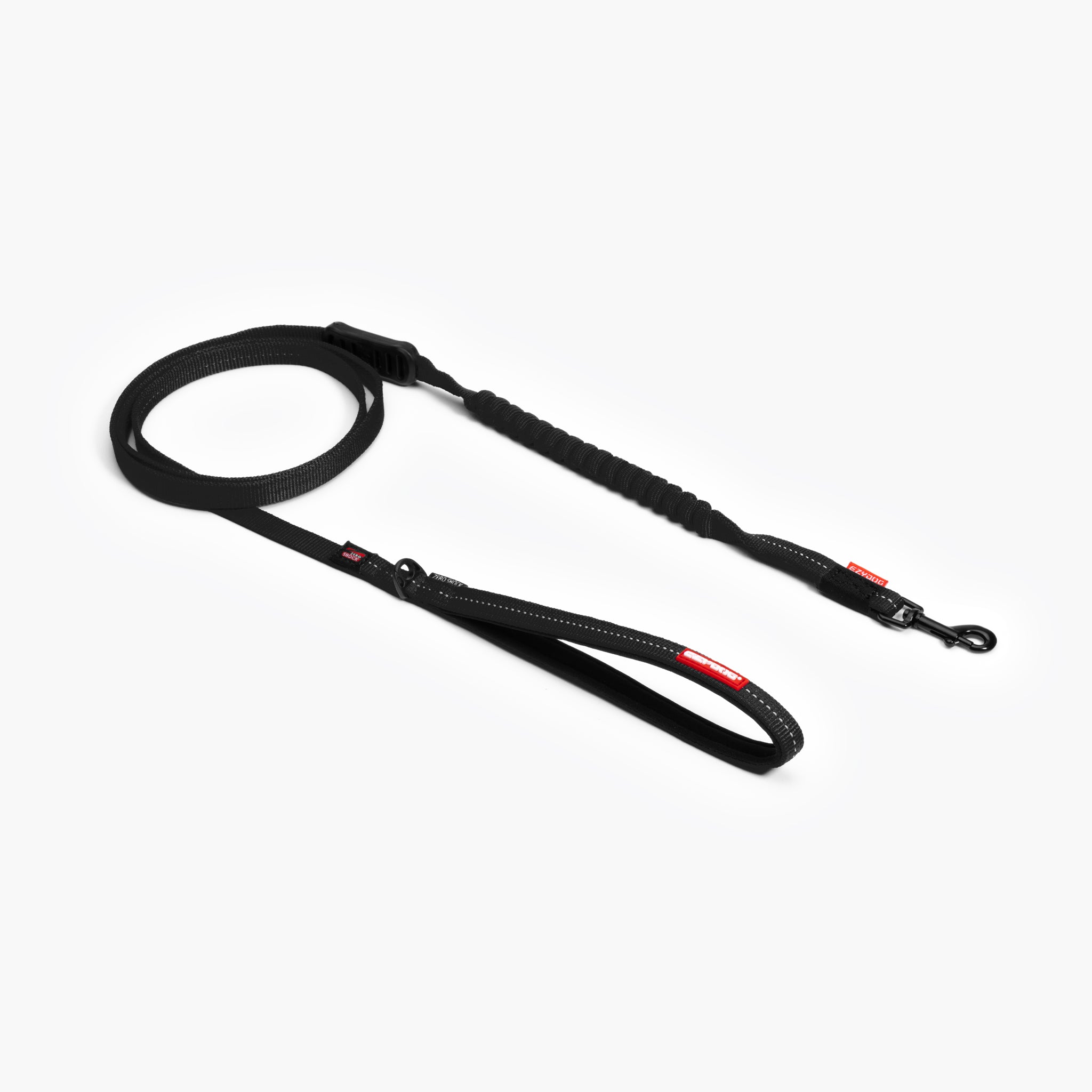 A black Zero Shock Leash LITE designed for smaller dogs, showing a shock-absorbing center and a neoprene lined handle.