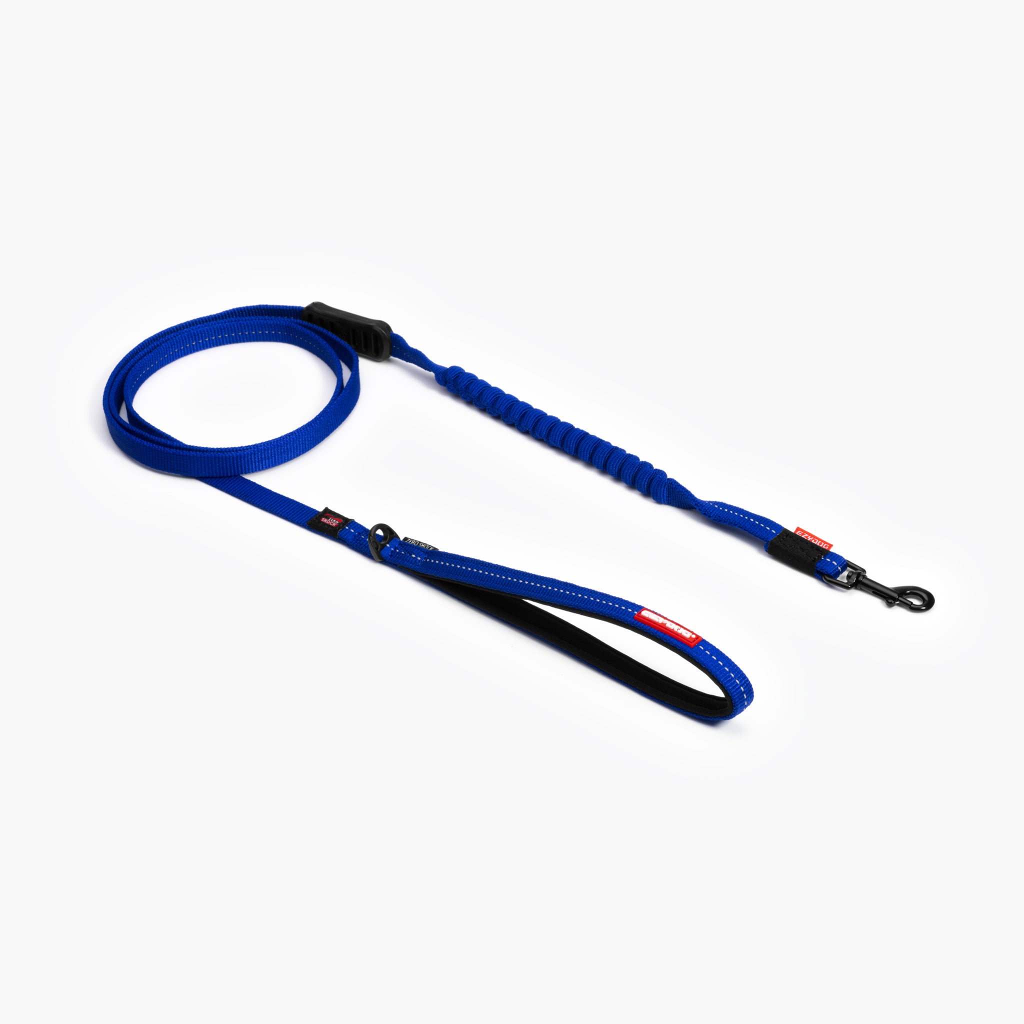 A blue Zero Shock Leash LITE designed for smaller dogs, showing a shock-absorbing center and a neoprene lined handle.