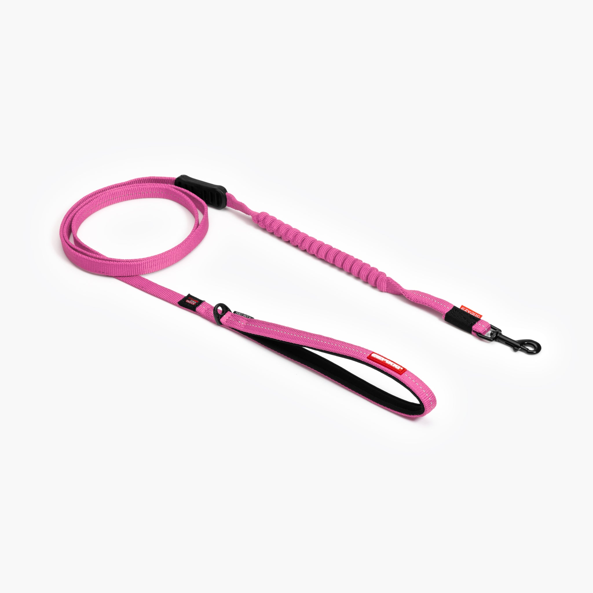A pink Zero Shock Leash LITE designed for smaller dogs, showing a shock-absorbing center and a neoprene lined handle.