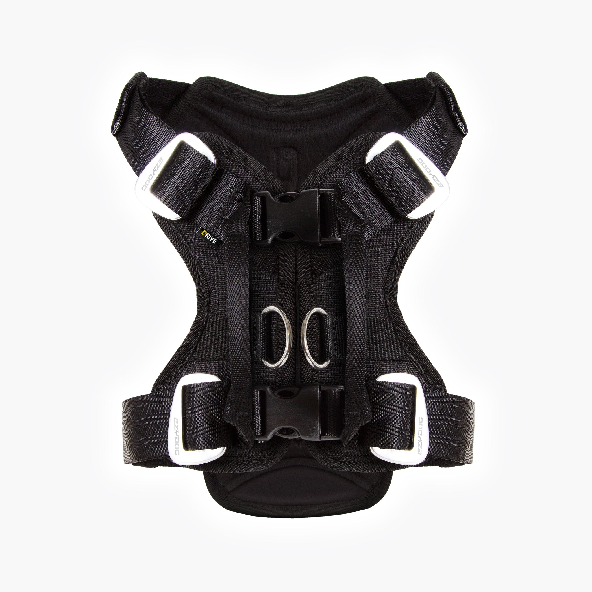 Back View of black EzyDog Drive Dog Car Harness – Adjustable Crash-Tested Design