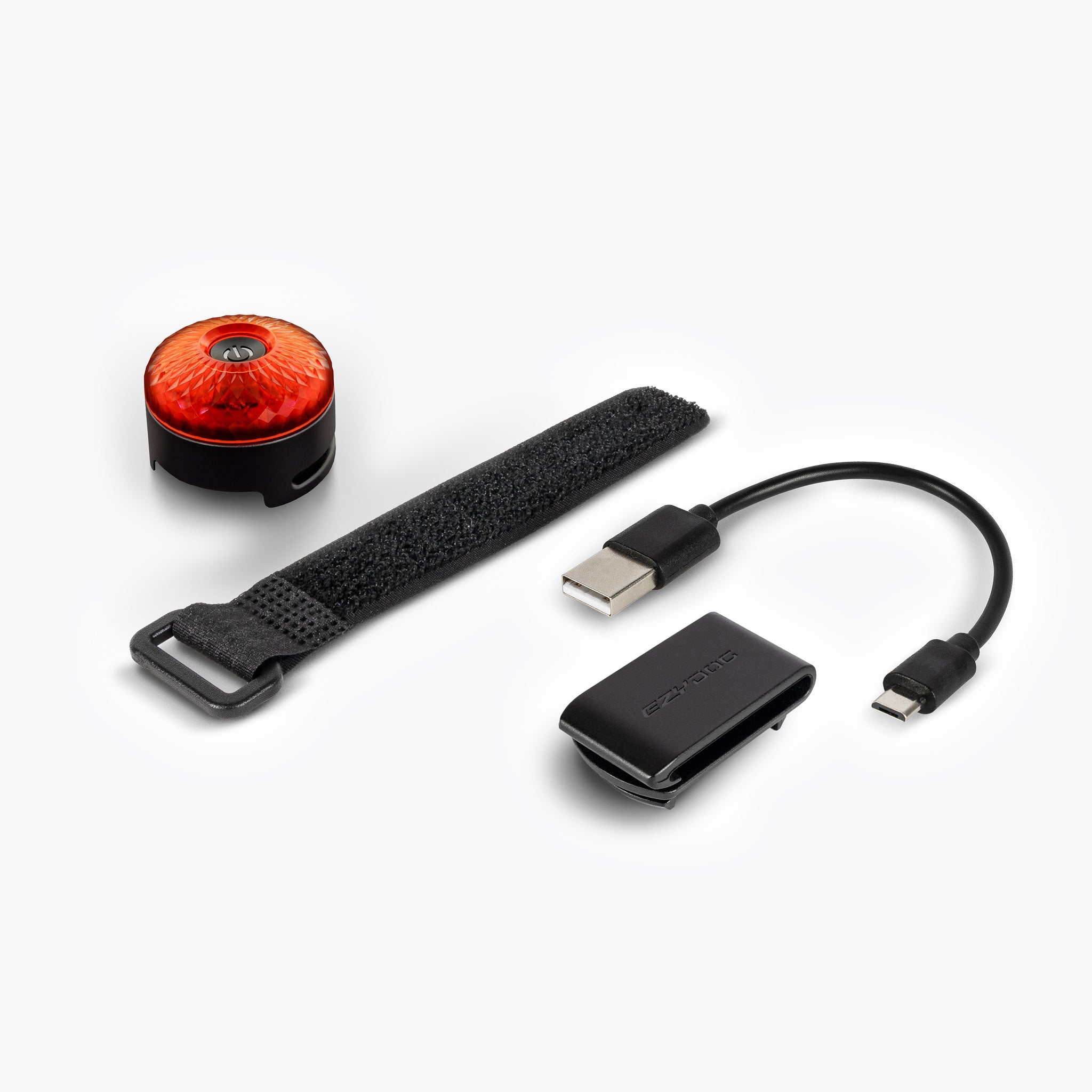 EzyDog GO2 Red LED Dog Light kit – includes light, USB charger, nylon clip, and hook-and-loop strap