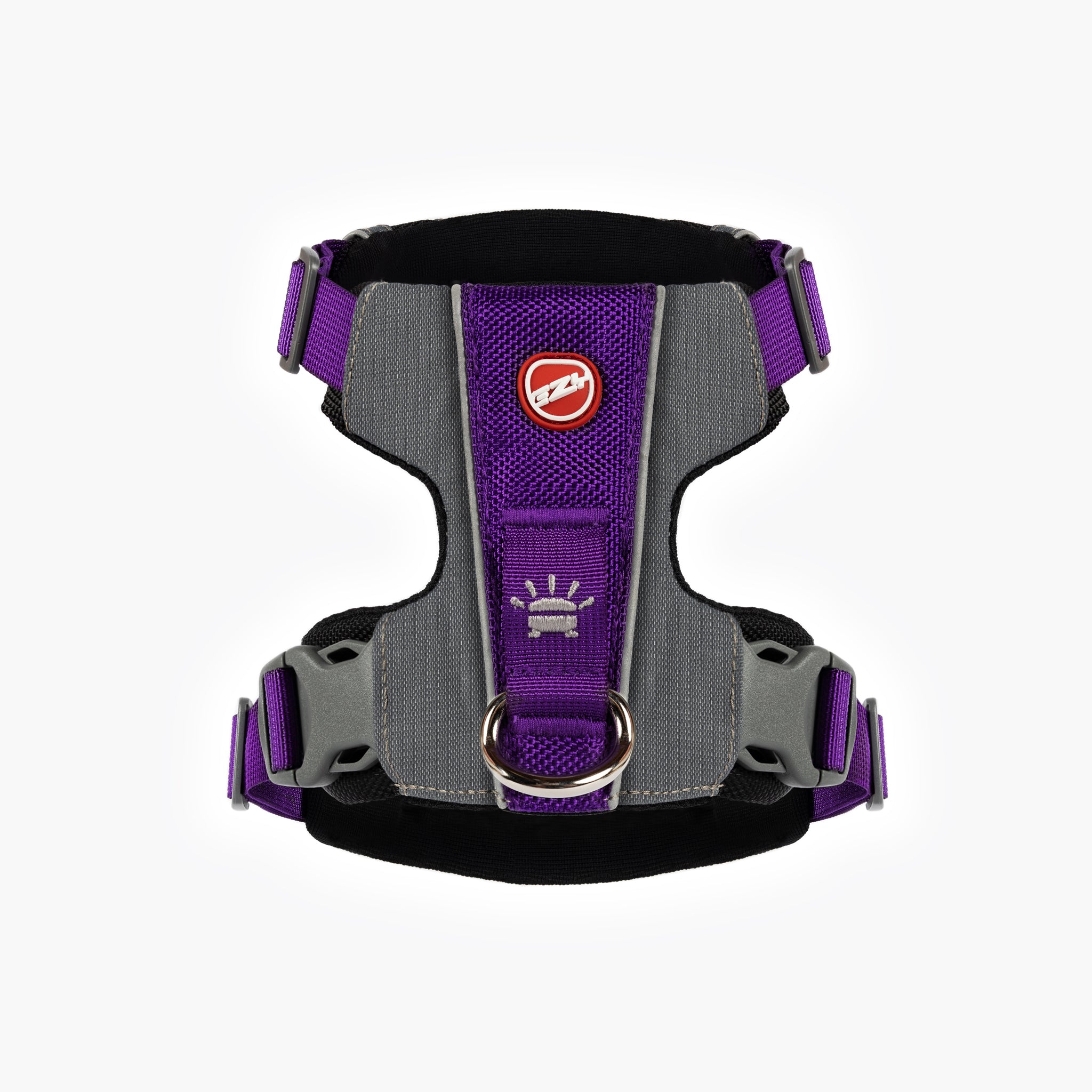 Back view of purple EzyDog X-Link Harness with padded chest plate and no-pull front clip