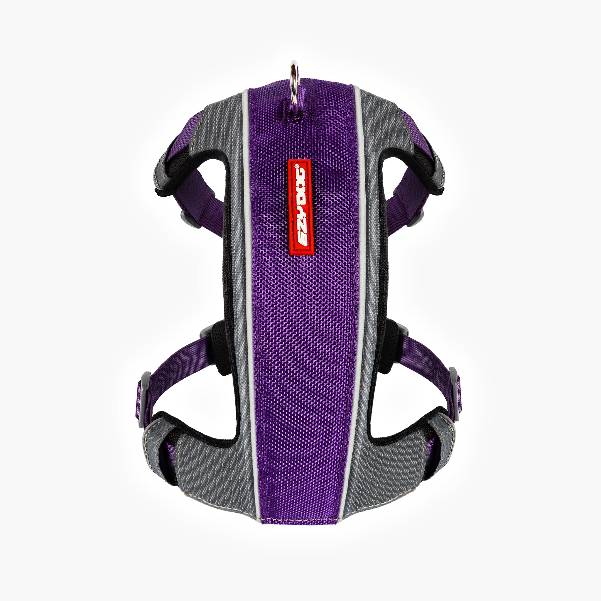 Front view of purple EzyDog X-Link Harness with padded chest plate and no-pull front clip