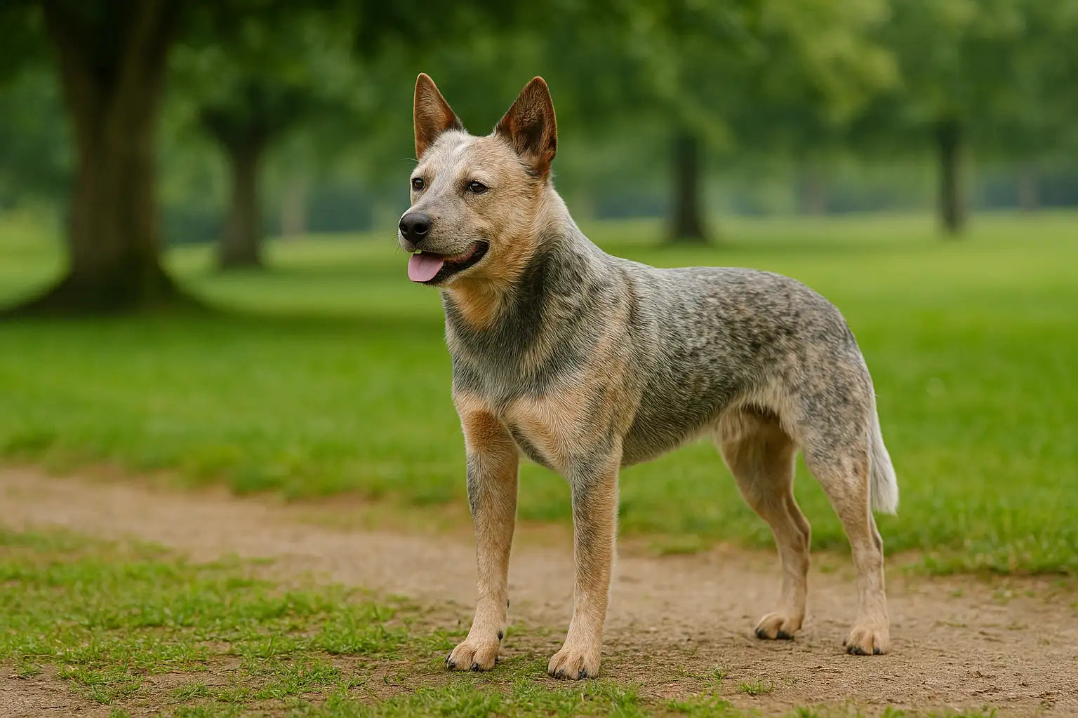 Australian Stumpy Tail Cattle Dog breed standing around the green grass-field. grass-field