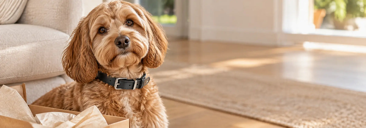 Dog wearing an EzyDog Oxford Leather collar beside an opened gift box