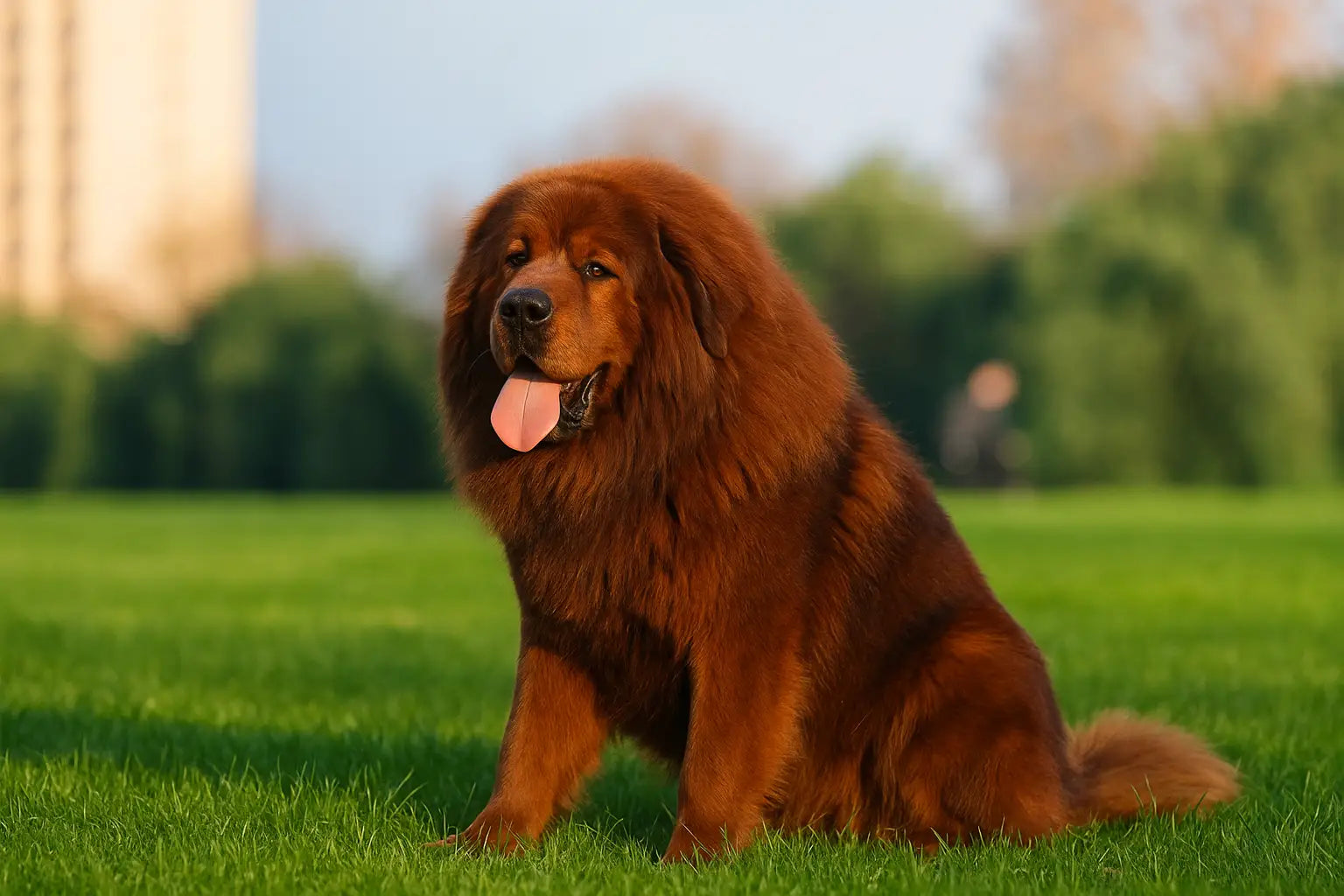A fluffy Tibetan Mastiff with a rich reddish-brown coat sitting on a green lawn in a sunlit park, facing forward with its tongue out and a calm expression.