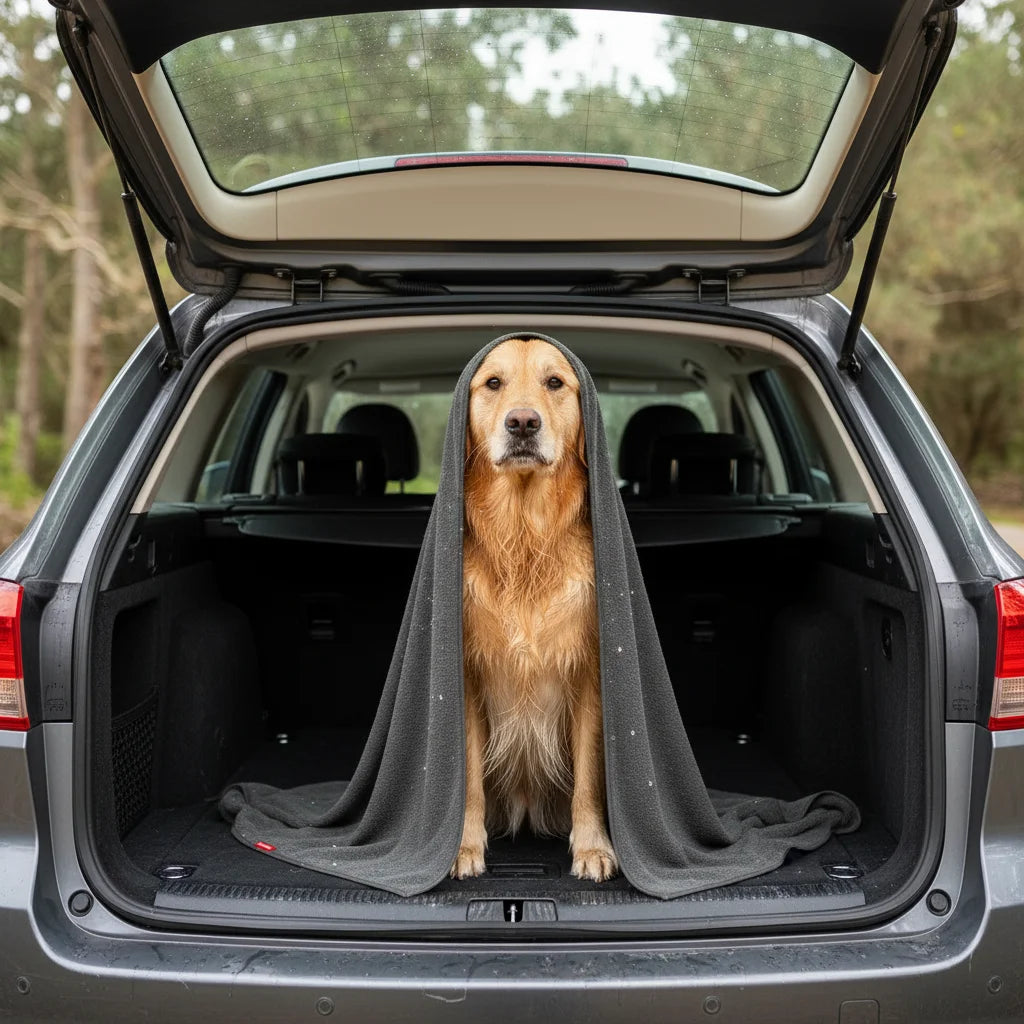 Dog sitting in a car trunk with an open hatch, wrapped in a gray Absorbent Dog Towel 