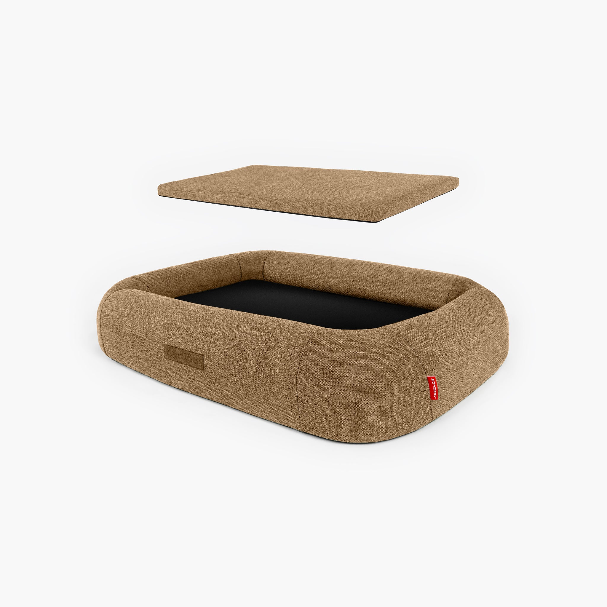 Brown pet bed with a detachable cushion on a white background