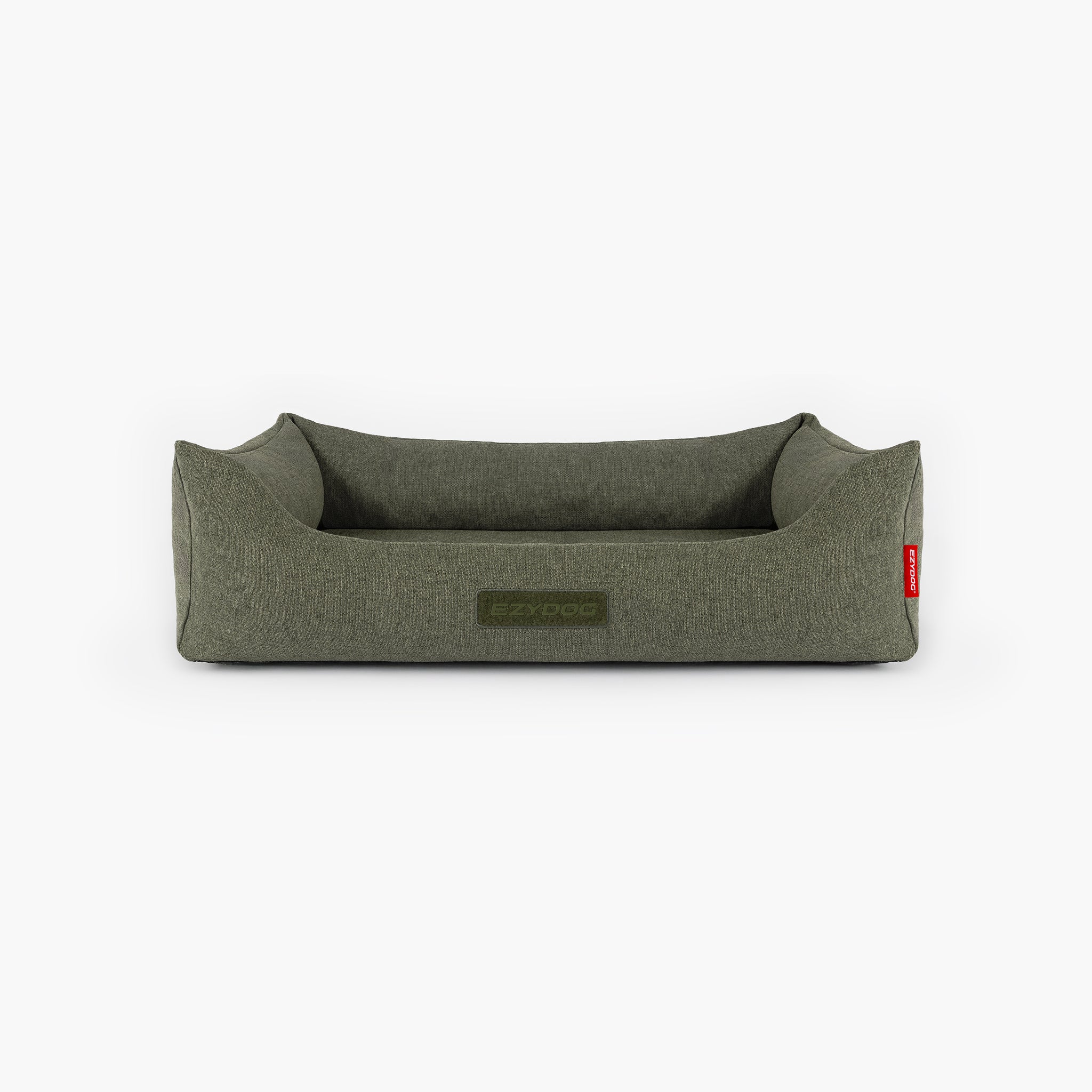 Green dog bed cover with a brand label on a white background
